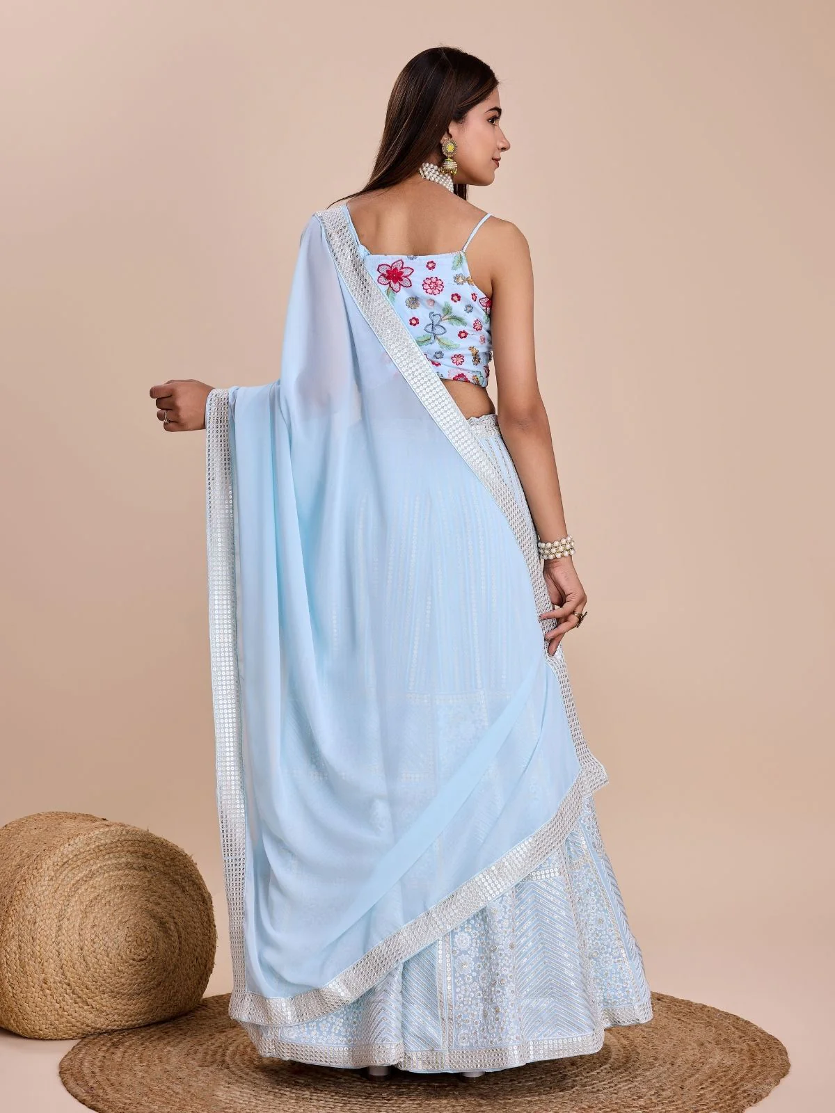 Odette Light Blue Georgette Embroidered Semi-Stitched Lehenga For Women - Image 3