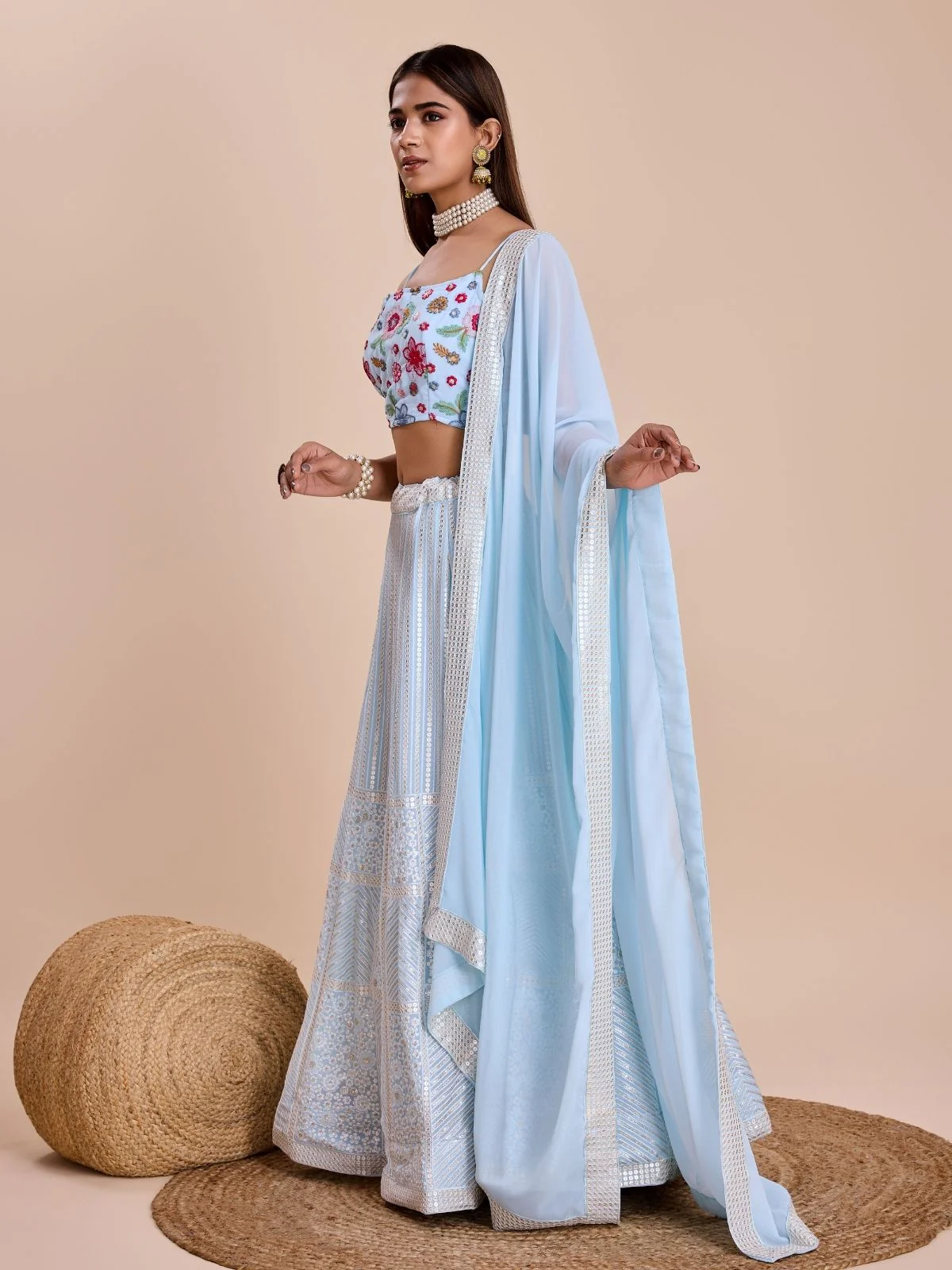 Odette Light Blue Georgette Embroidered Semi-Stitched Lehenga For Women - Image 4