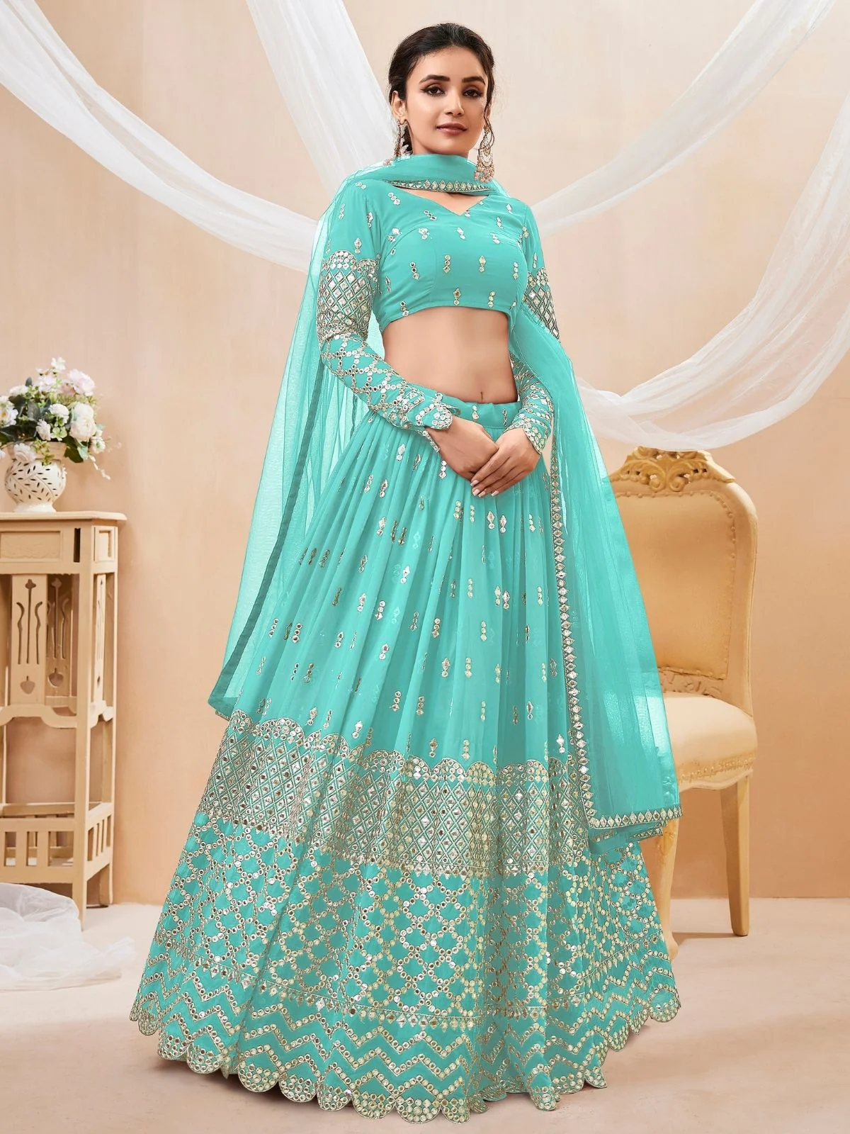 Odette Light Blue Georgette Embroidered Semi Stitched Lehenga With Unstitched Blouse For Women - Image 3
