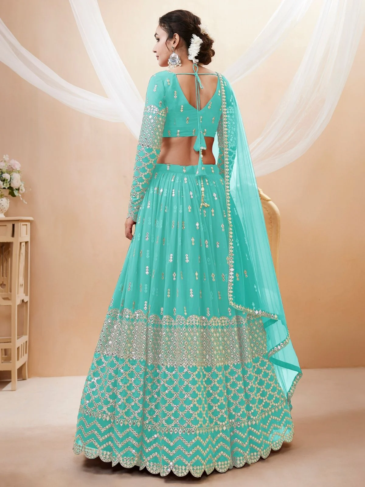 Odette Light Blue Georgette Embroidered Semi Stitched Lehenga With Unstitched Blouse For Women - Image 4