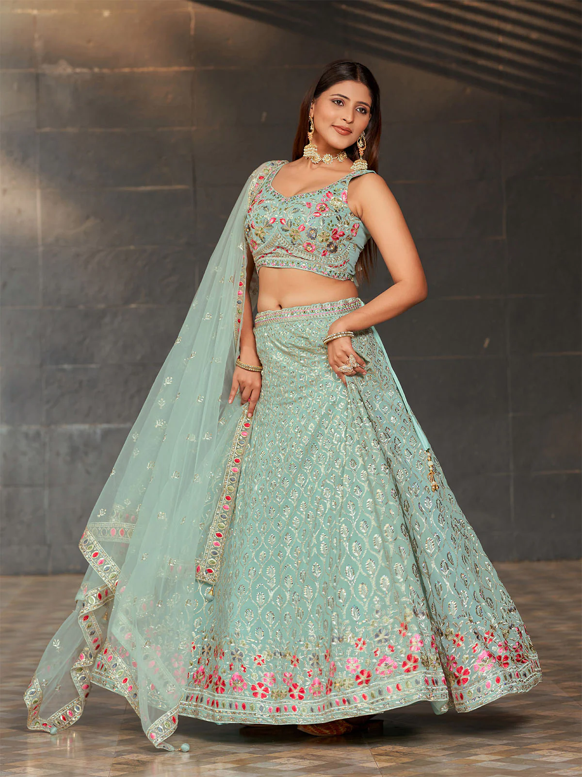Odette Light Blue Georgette Embroidered Semi Stitched Lehenga With Unstitched Blouse For Women - Image 3