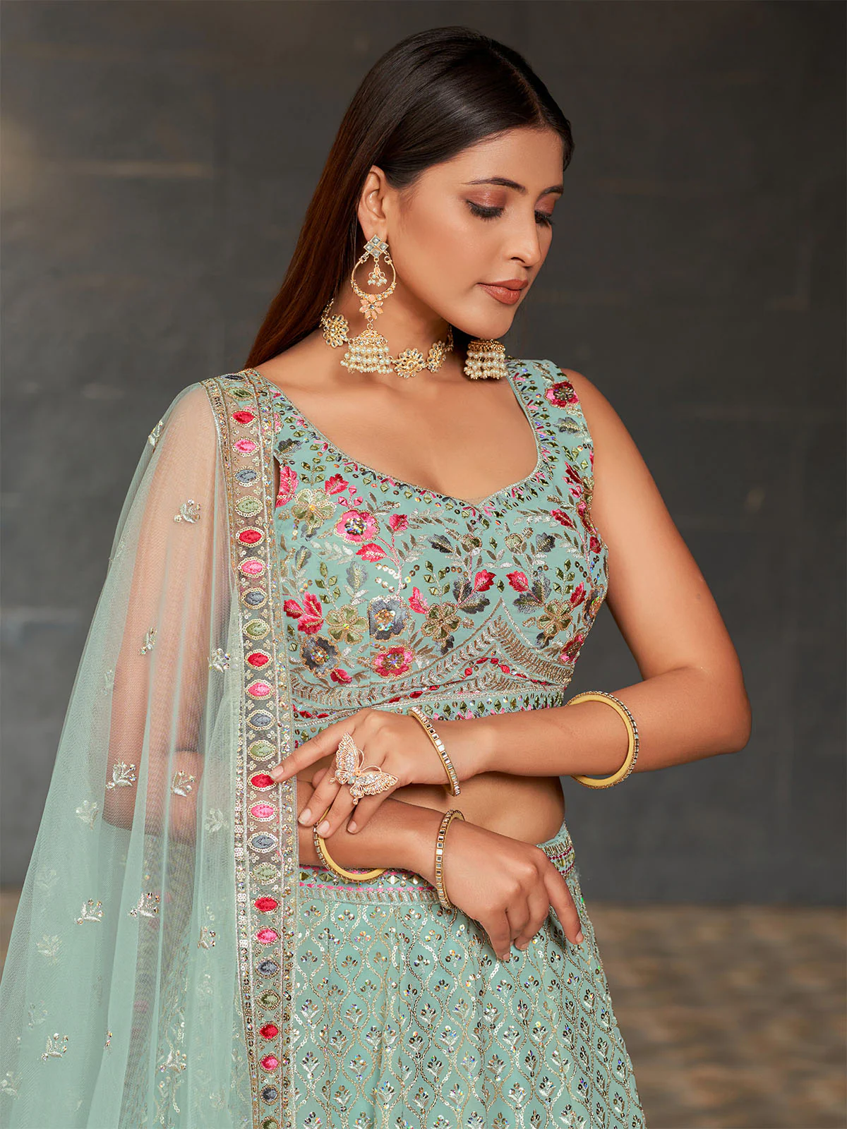 Odette Light Blue Georgette Embroidered Semi Stitched Lehenga With Unstitched Blouse For Women - Image 5