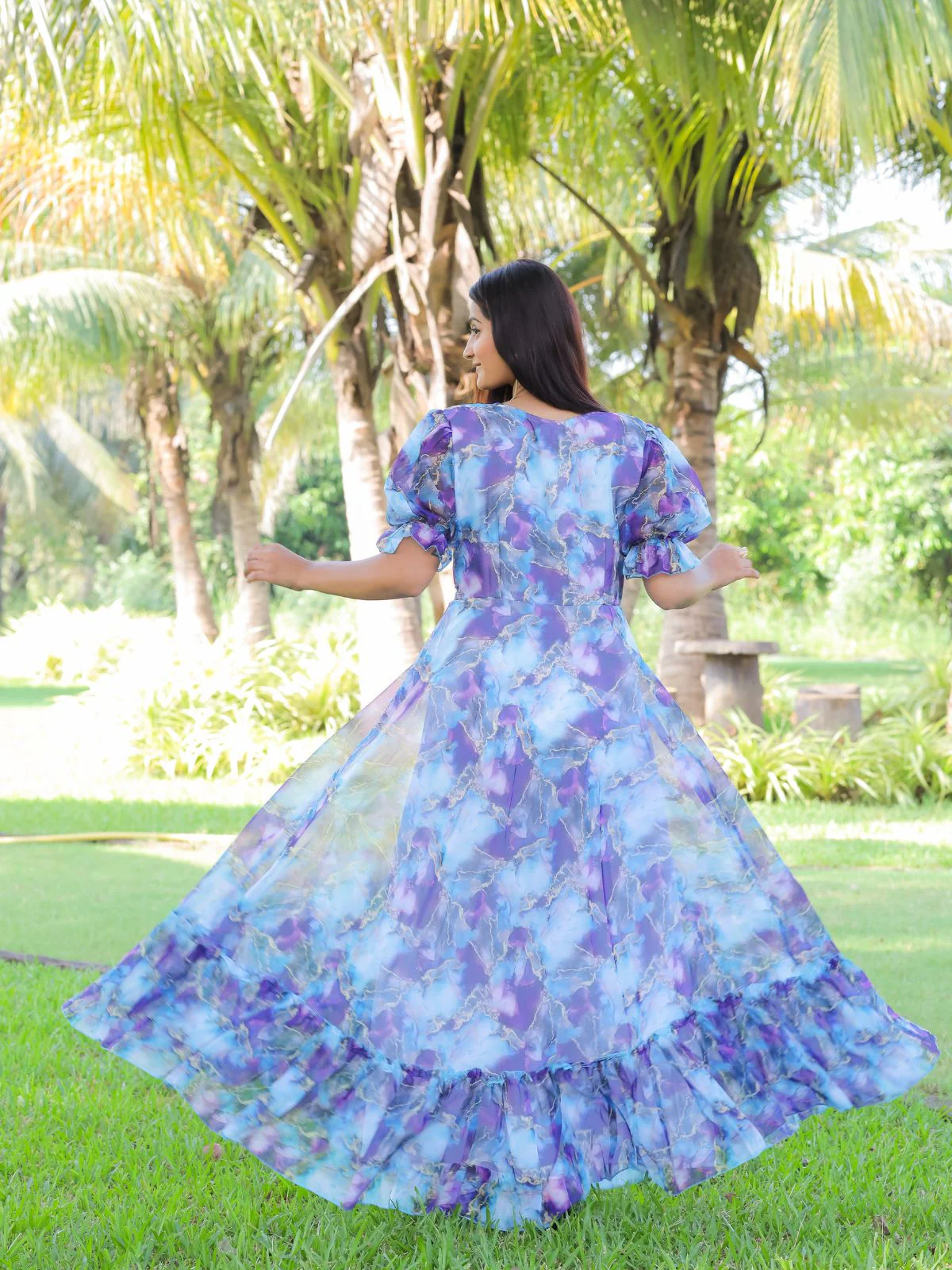 Odette Light Blue Georgette Stitched Printed Indo Western Dress For Women - Image 5