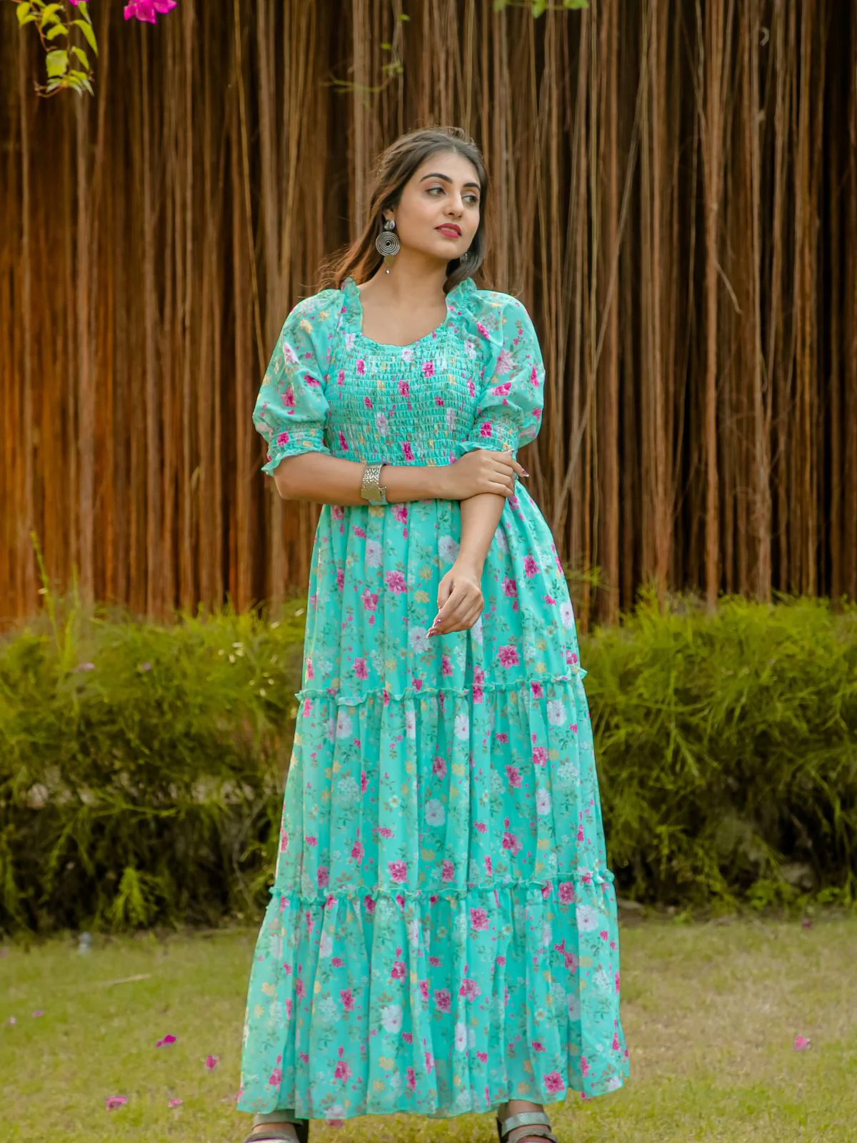 Odette Light Blue Georgette Stitched Printed Indo Western Dress For Women - Image 3