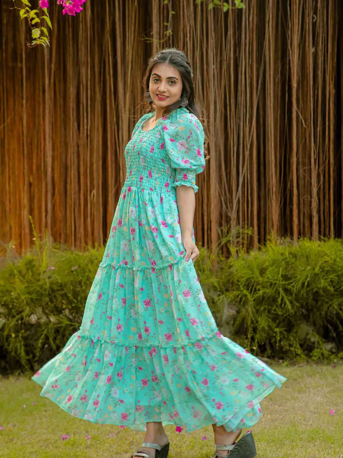 Odette Light Blue Georgette Stitched Printed Indo Western Dress For Women - Image 4