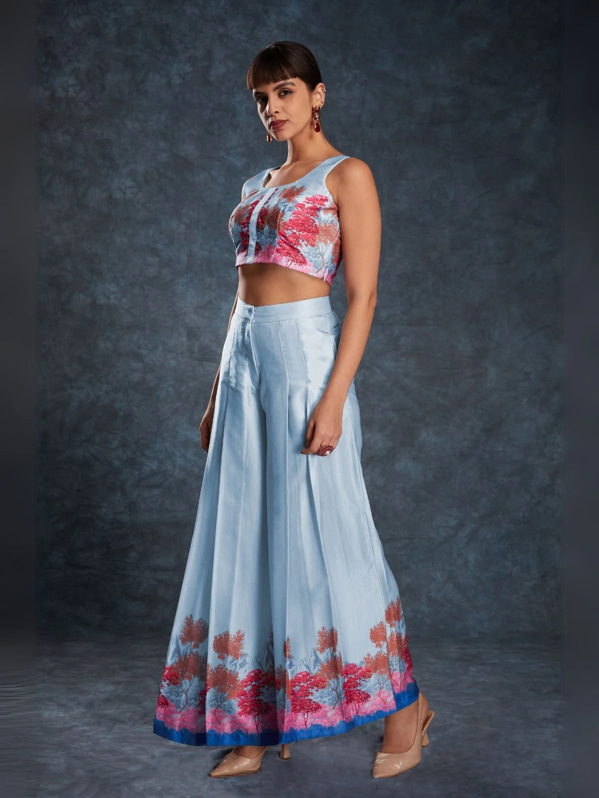 Odette Light Blue Linen Printed Stitched Co-Ord Set For Women - Image 2