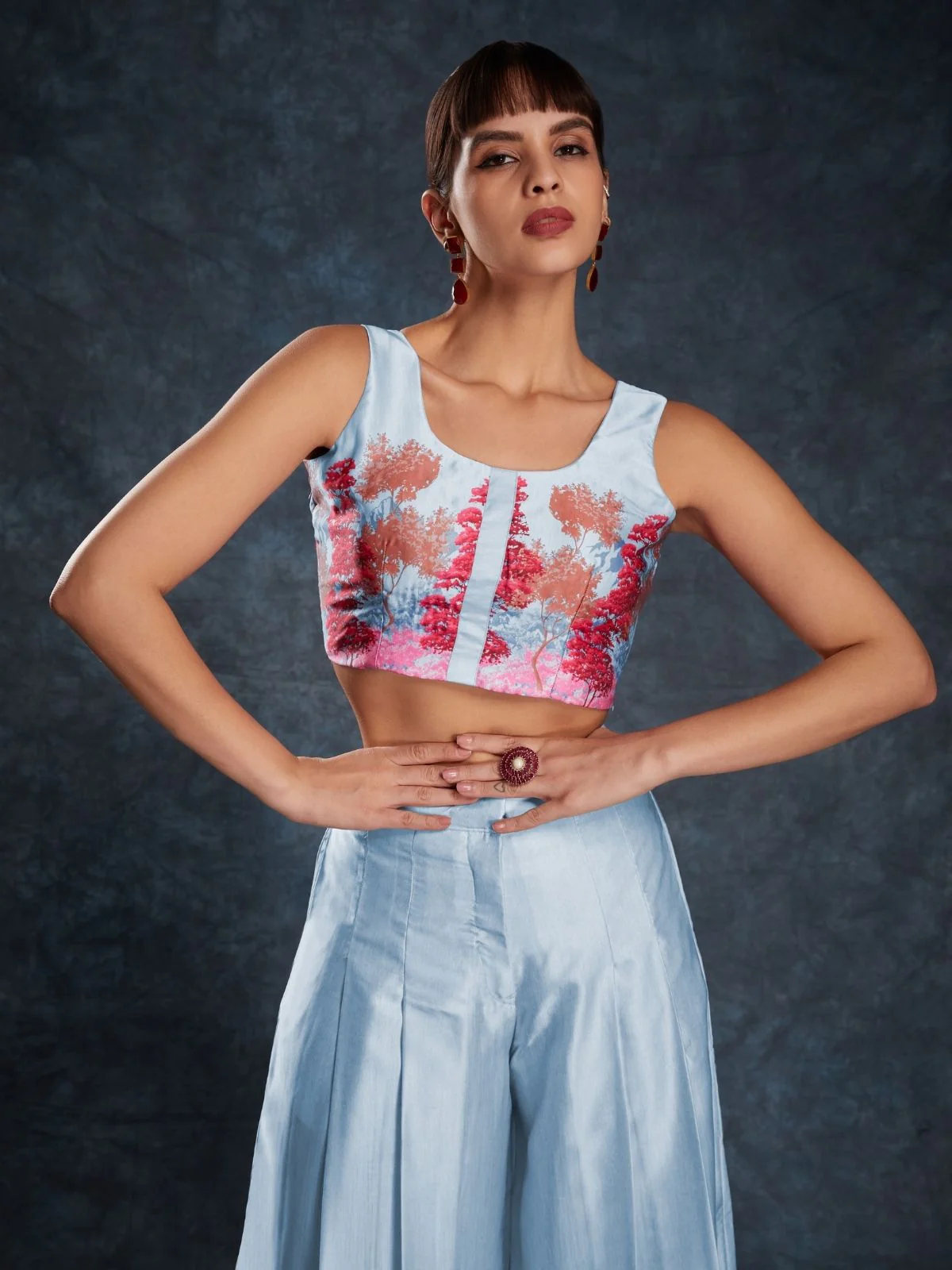 Odette Light Blue Linen Printed Stitched Co-Ord Set For Women - Image 5