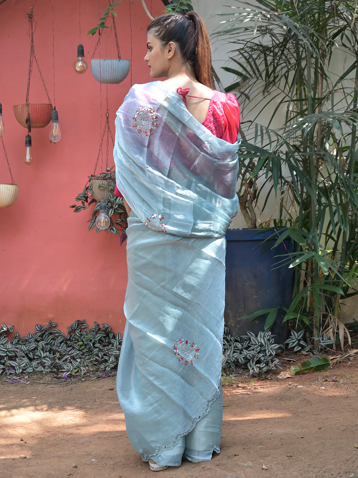 Odette Light Blue Mirror Work Embroidered Saree with Unstitched Blouse for Women - Image 3