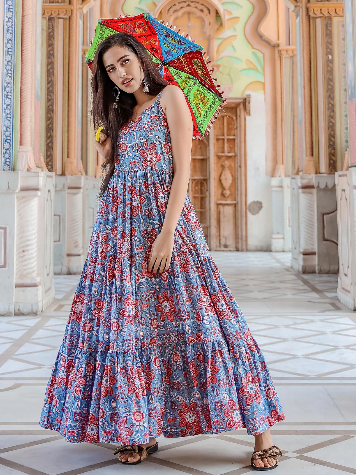 Odette Light Blue Muslin Printed Stitched Gown for Women - Image 2