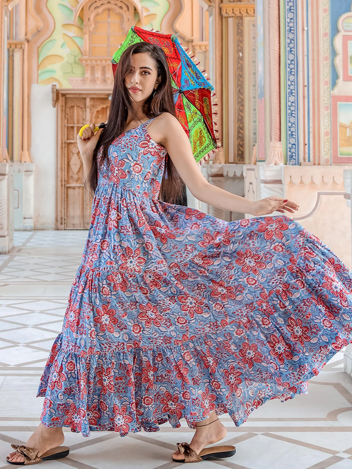 Odette Light Blue Muslin Printed Stitched Gown for Women - Image 3