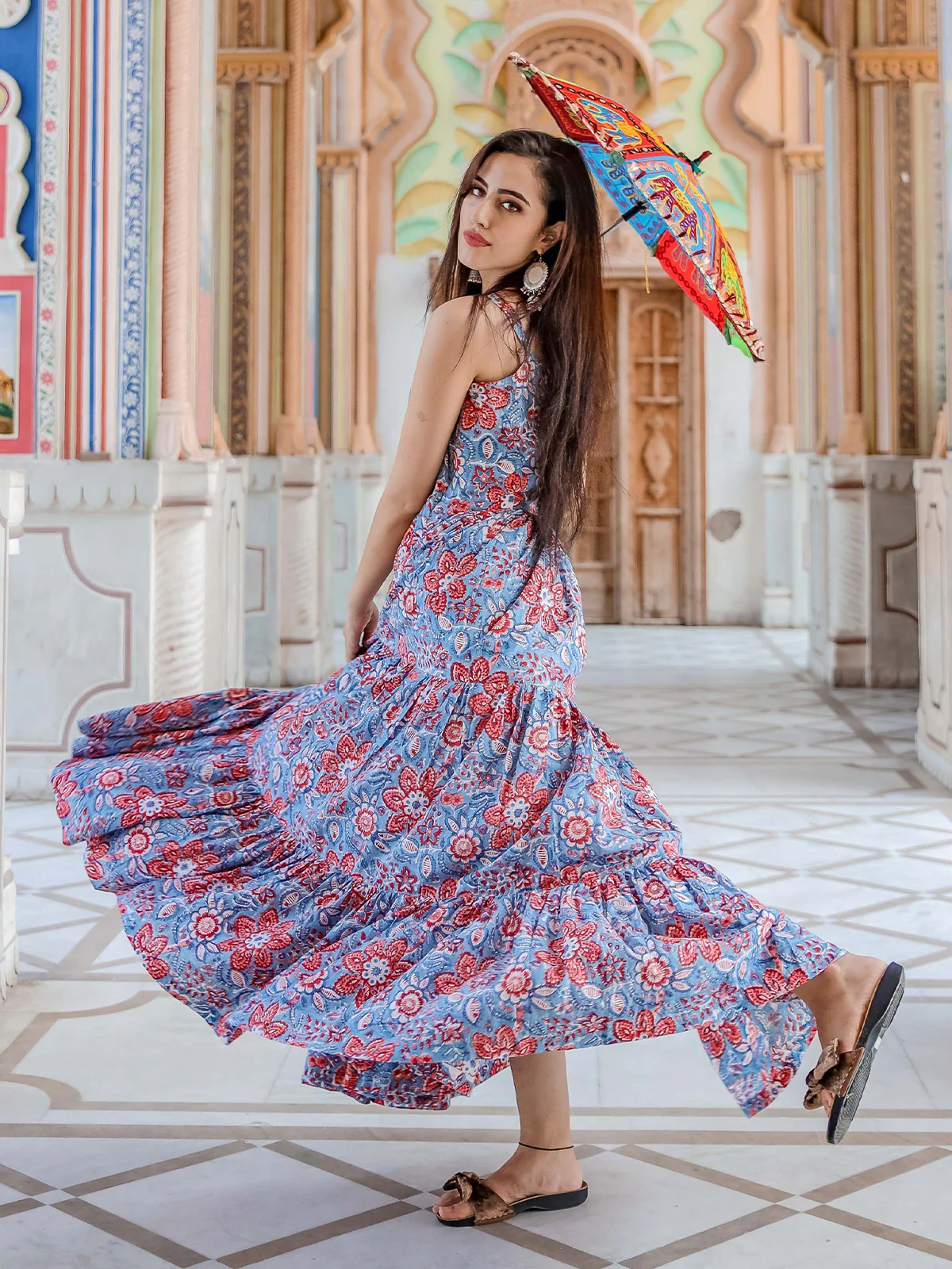 Odette Light Blue Muslin Printed Stitched Gown for Women - Image 4