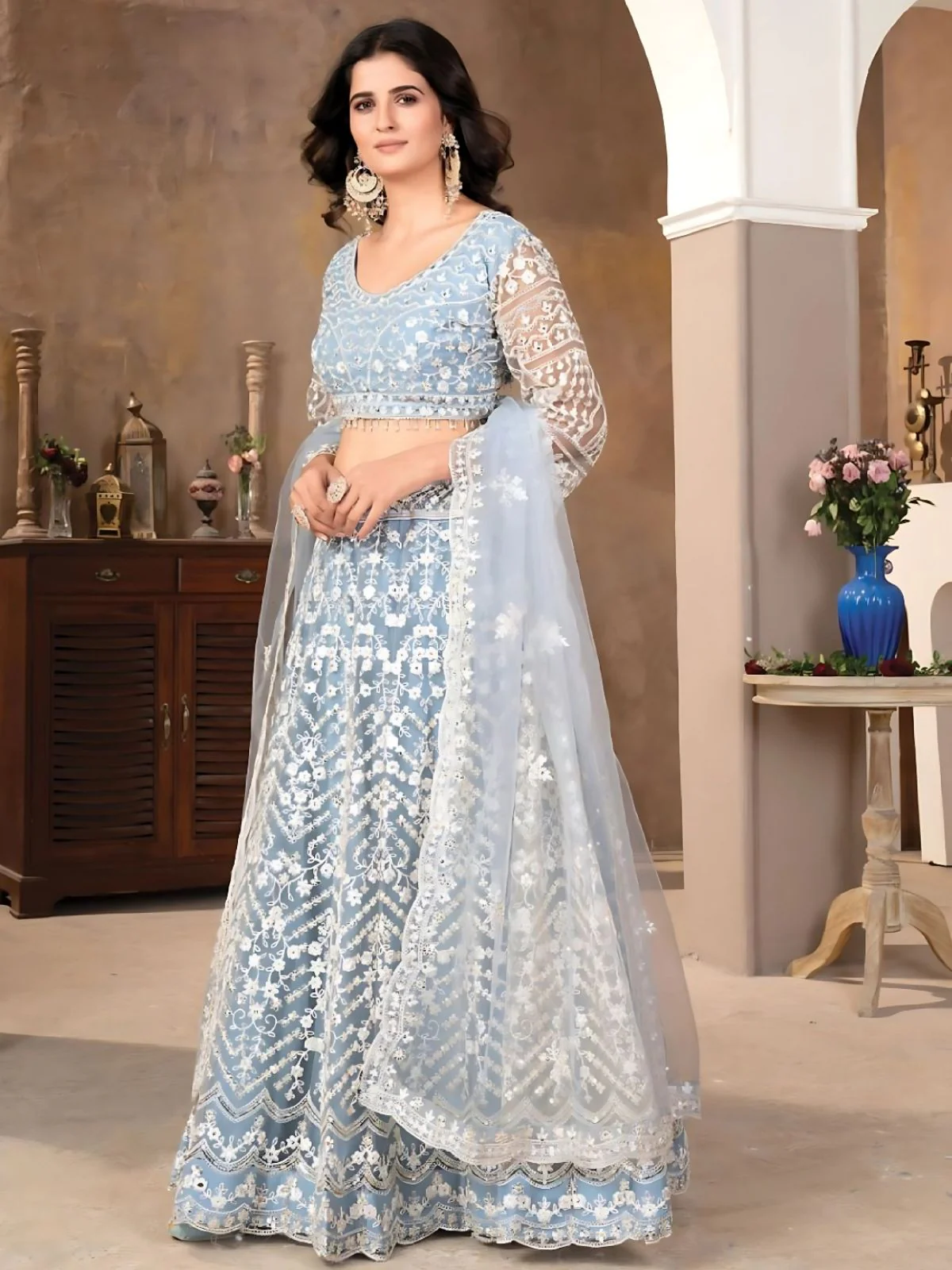 Odette Light Blue Net Embroidered Semi-Stitched Lehenga For Women - Image 3