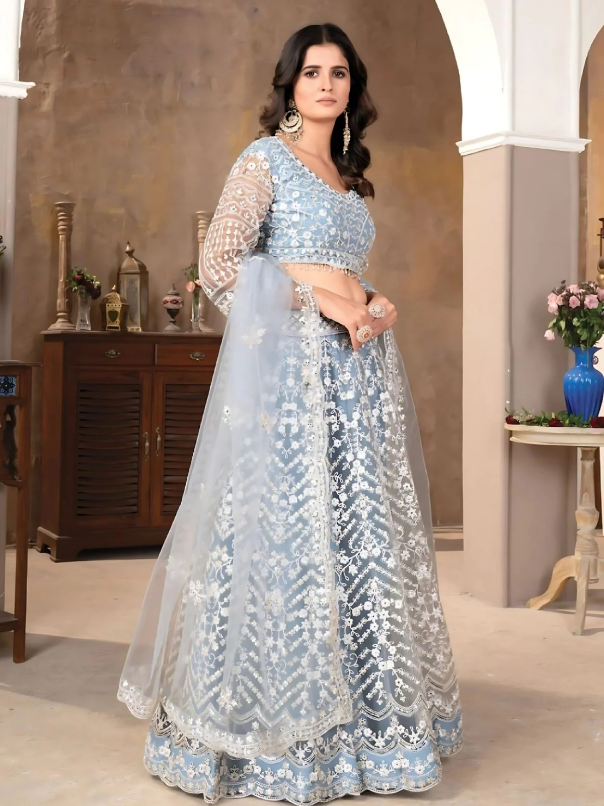 Odette Light Blue Net Embroidered Semi-Stitched Lehenga For Women - Image 4