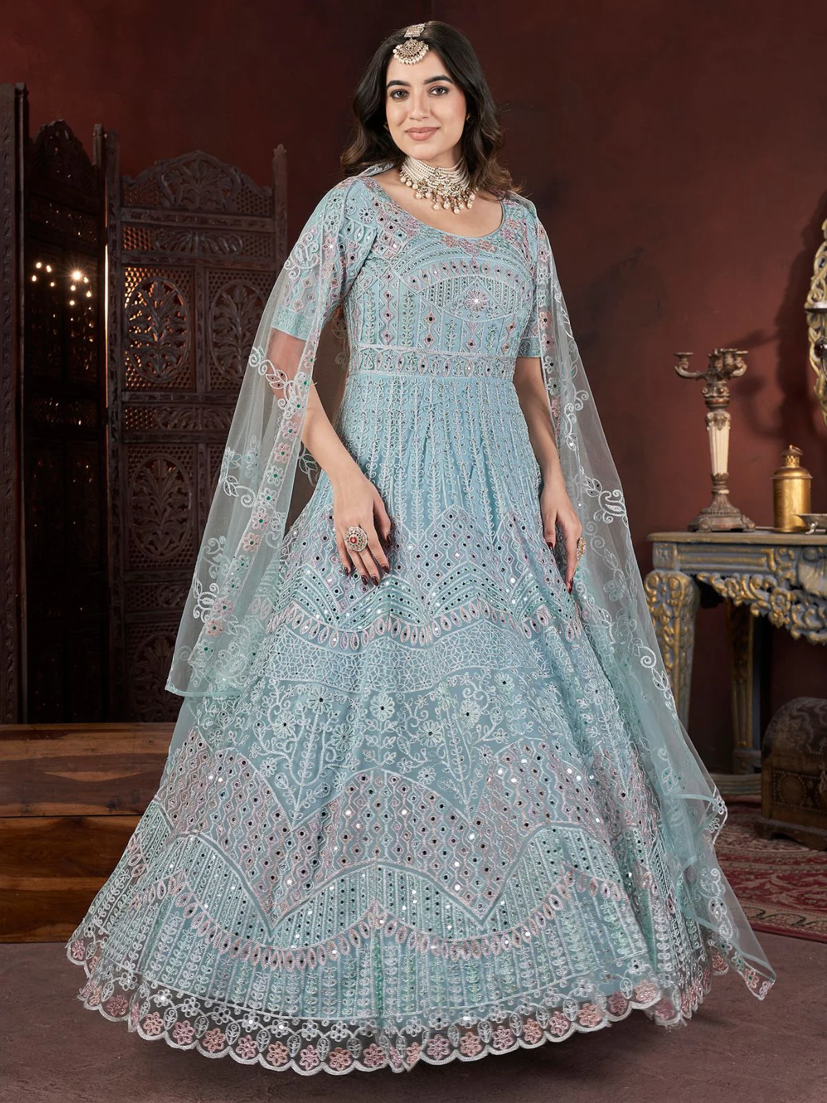 Odette Light Blue Net Embroidered Stitched Gown For Women - Image 3