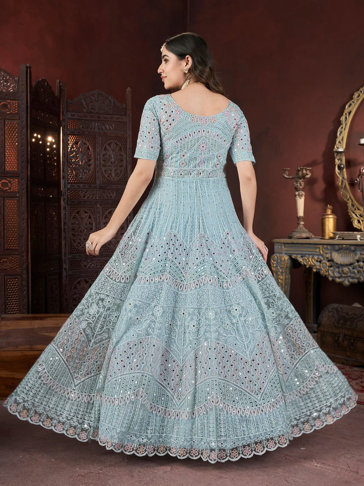 Odette Light Blue Net Embroidered Stitched Gown For Women - Image 4
