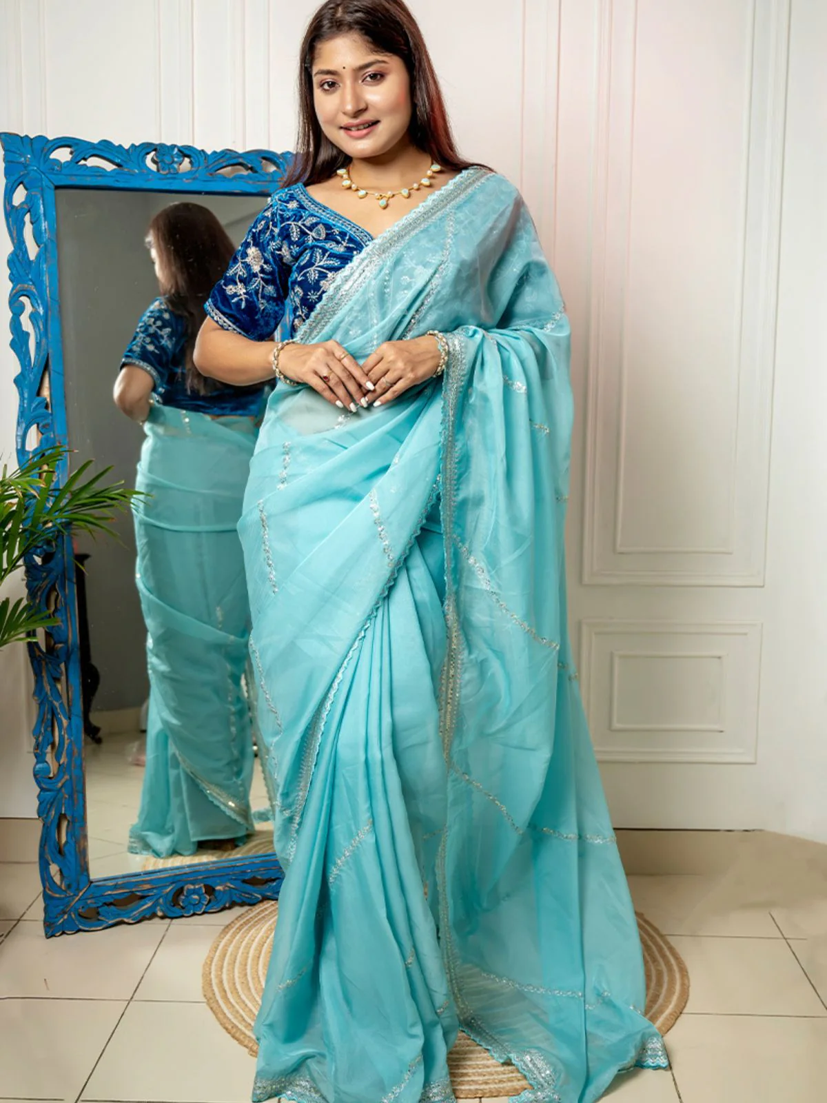 Odette Light Blue Organza Embroidered Saree with Stitched Blouse for Women - Image 2