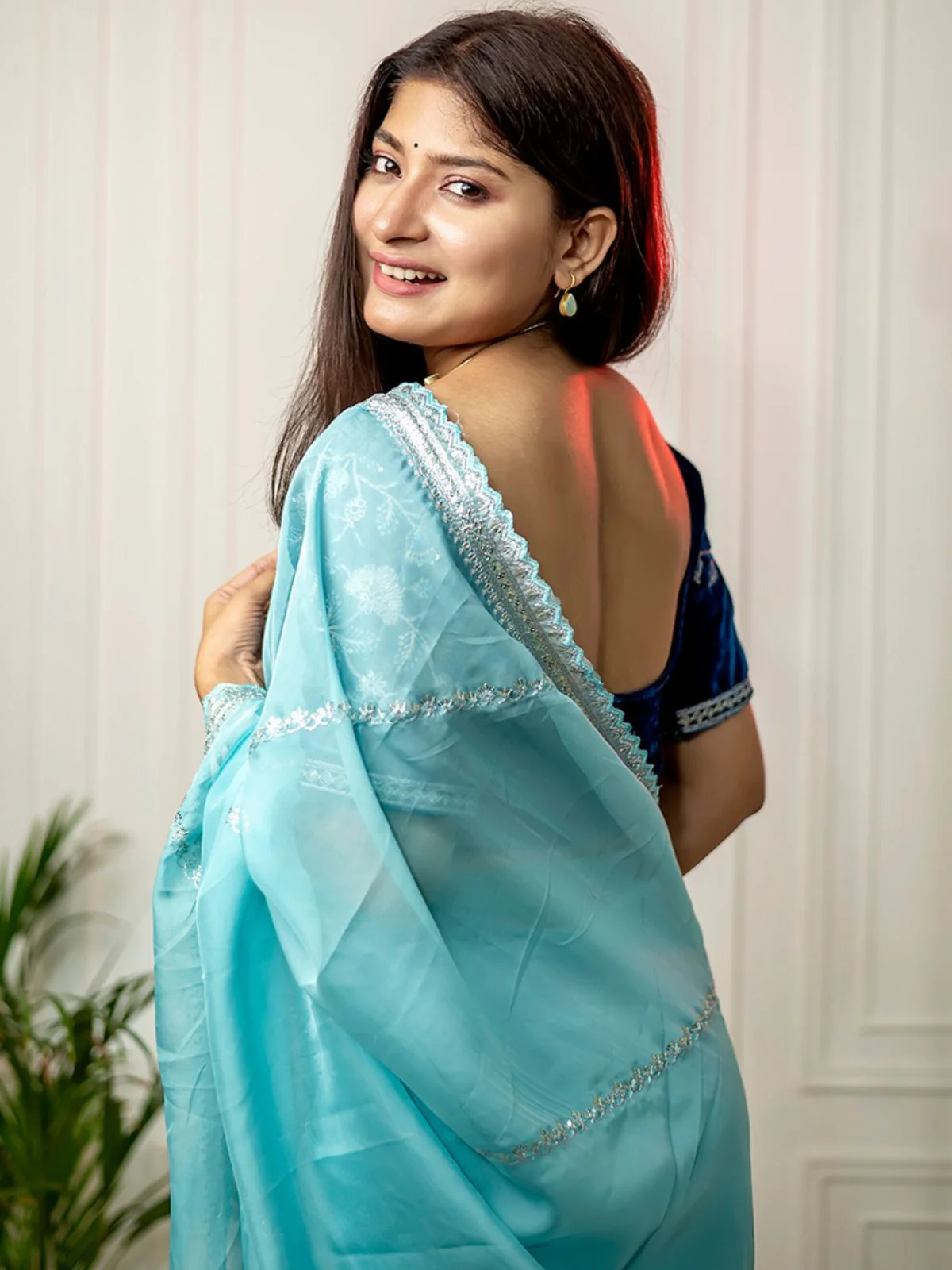 Odette Light Blue Organza Embroidered Saree with Stitched Blouse for Women - Image 3