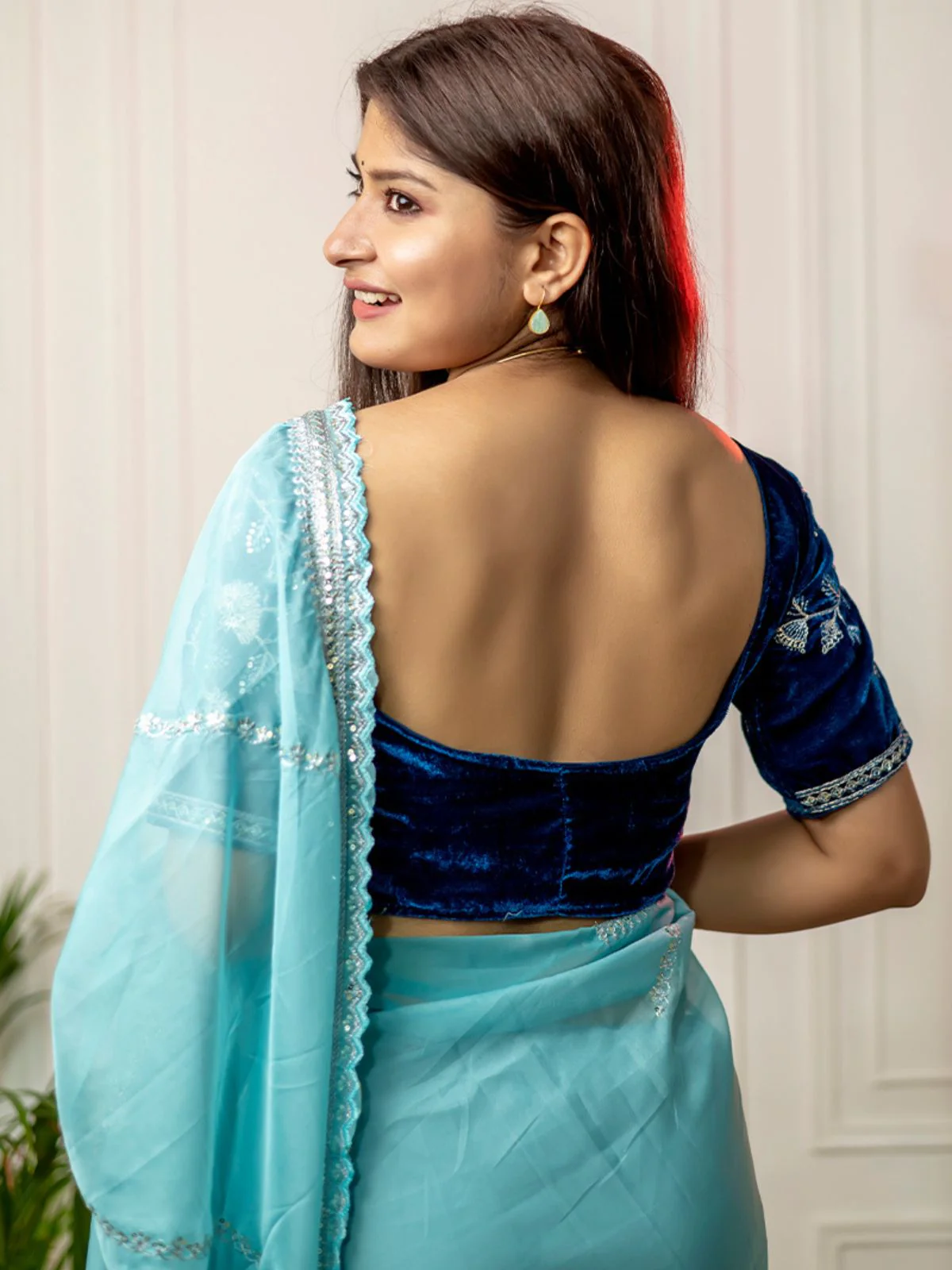 Odette Light Blue Organza Embroidered Saree with Stitched Blouse for Women - Image 4