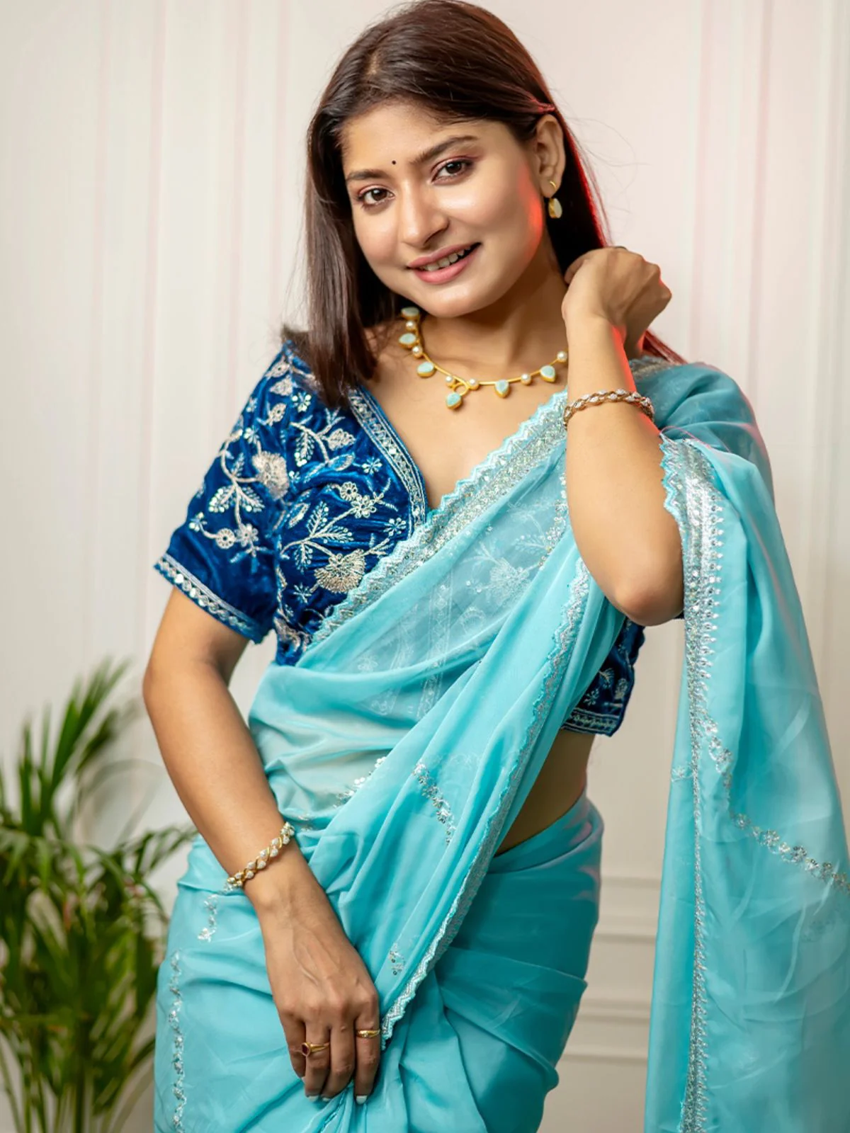 Odette Light Blue Organza Embroidered Saree with Stitched Blouse for Women - Image 5