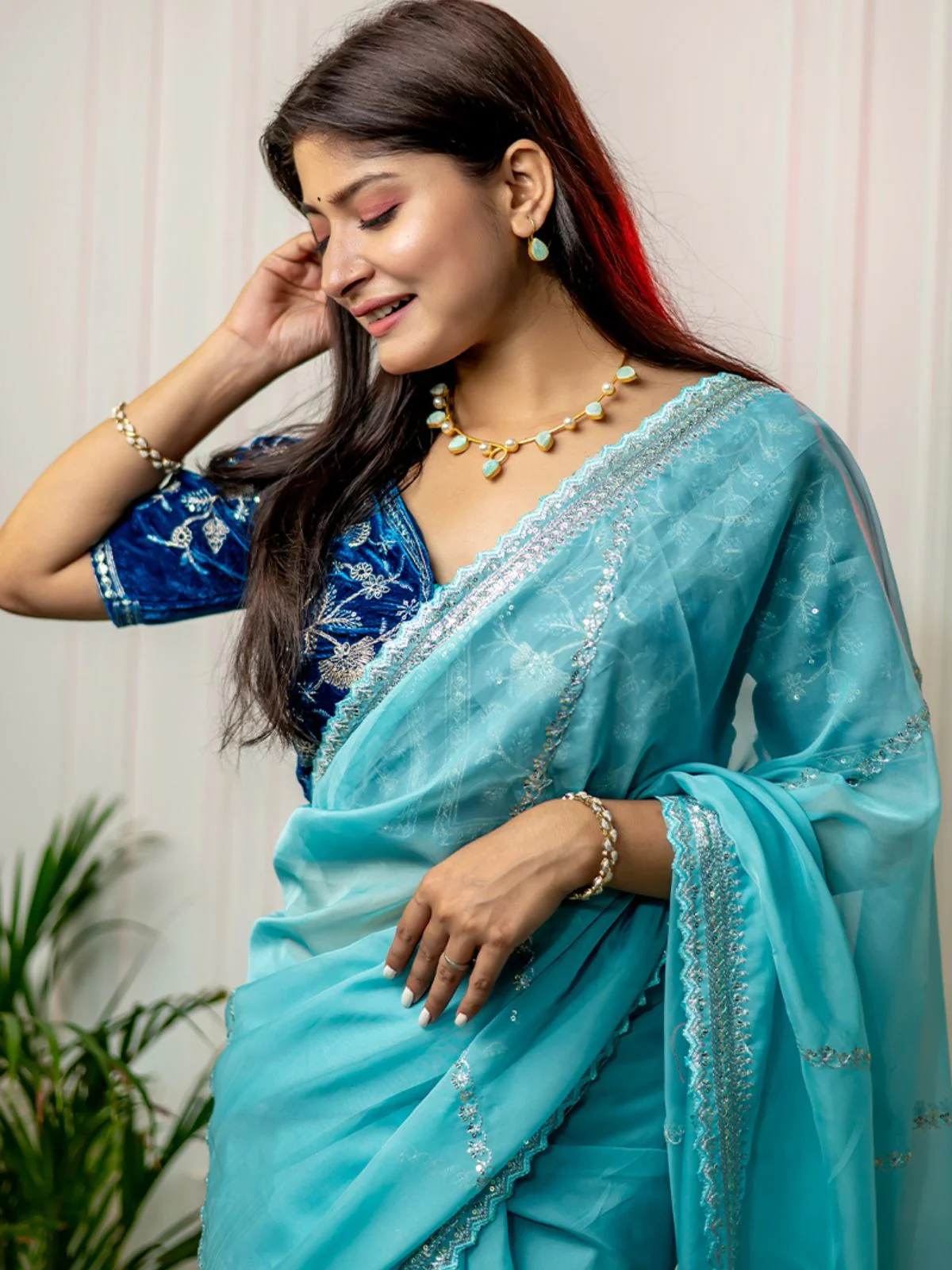 Odette Light Blue Organza Embroidered Saree with Stitched Blouse for Women - Image 6