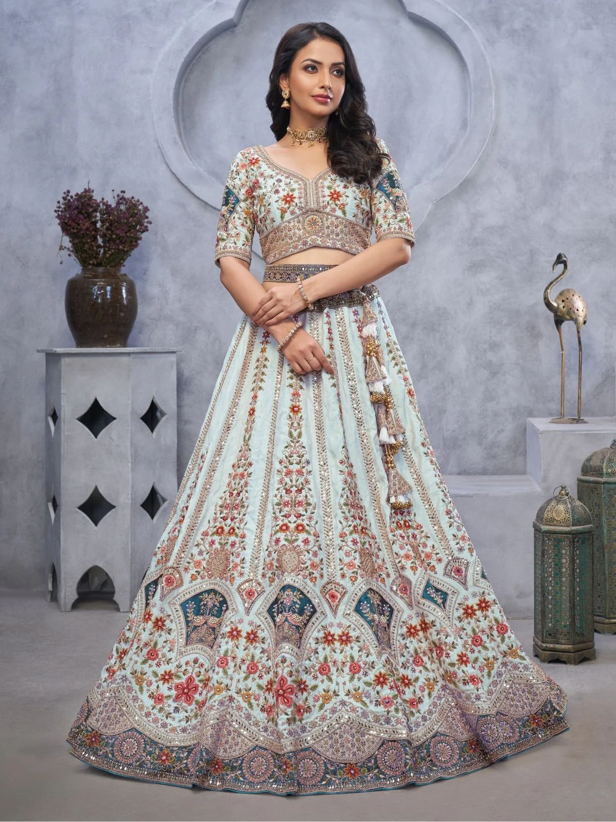 Odette Light Blue Organza  Embroidered Semi-Stitched Lehenga With Unstitched Blouse For Women - Image 2