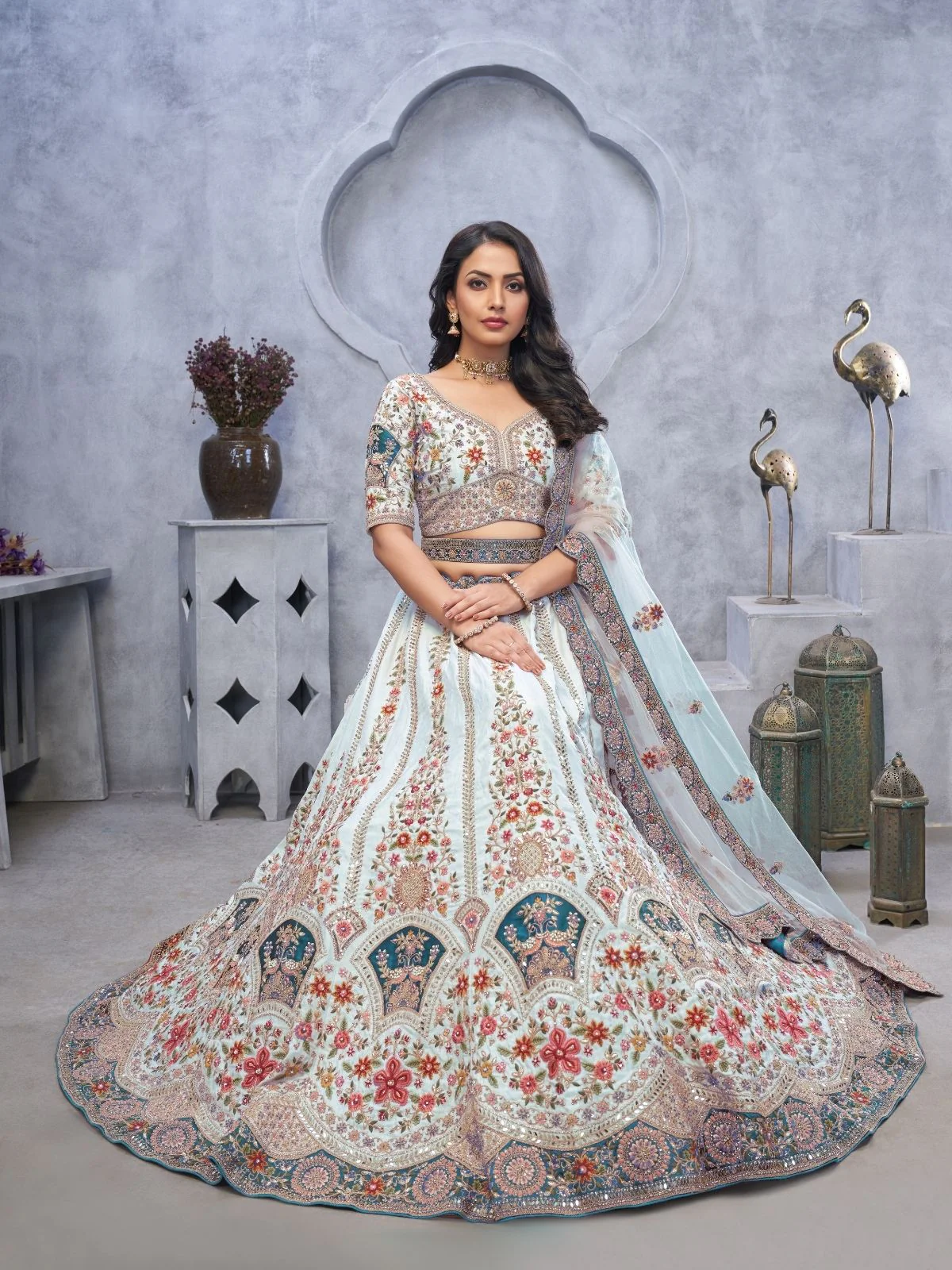 Odette Light Blue Organza  Embroidered Semi-Stitched Lehenga With Unstitched Blouse For Women - Image 4