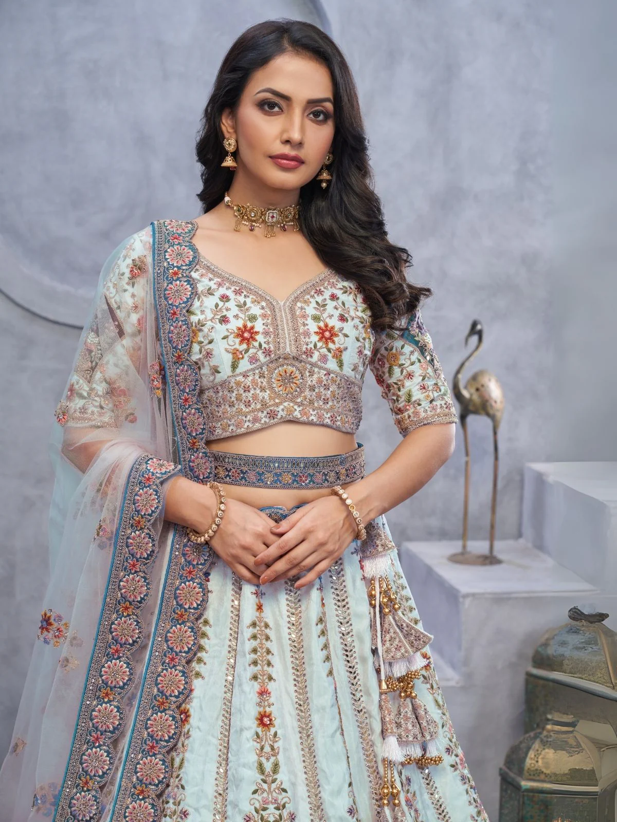 Odette Light Blue Organza  Embroidered Semi-Stitched Lehenga With Unstitched Blouse For Women - Image 5