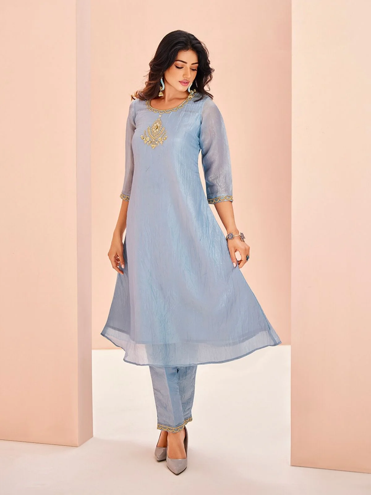Odette Light Blue Organza Embroidered Stitched Kurta Set For Women - Image 2