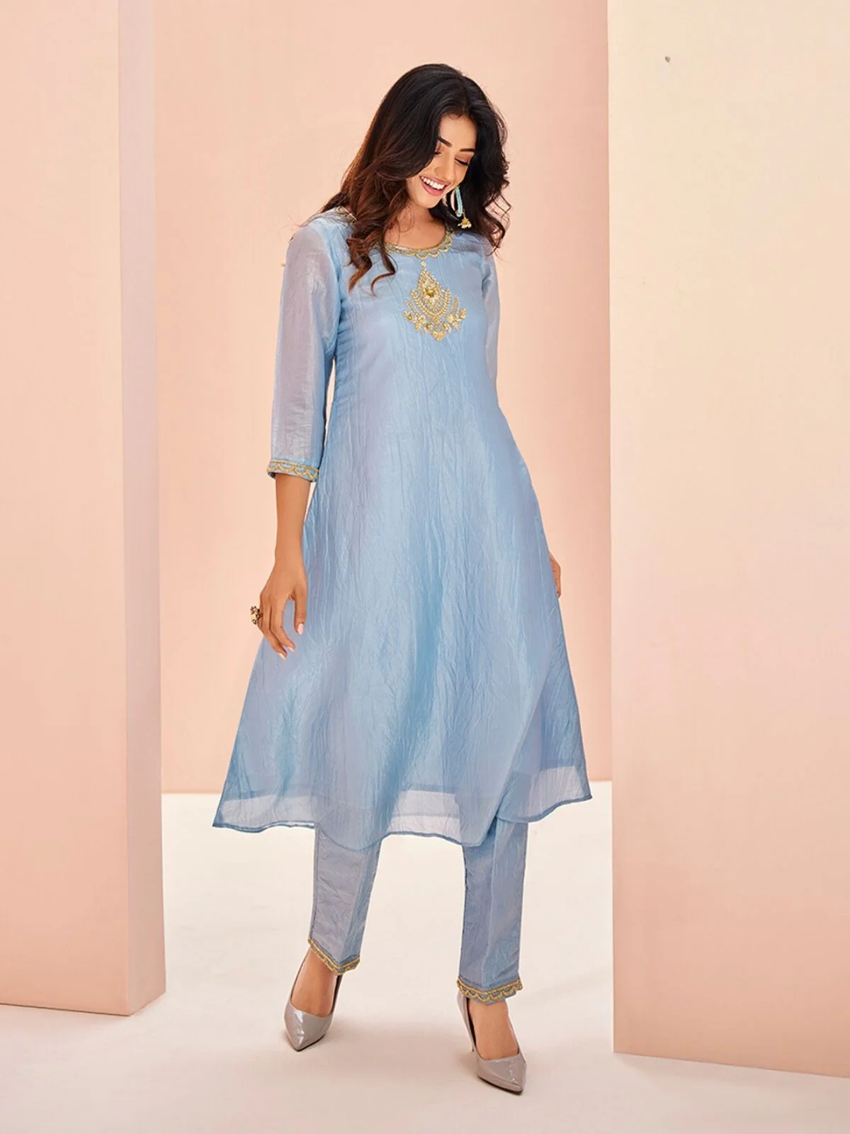 Odette Light Blue Organza Embroidered Stitched Kurta Set For Women - Image 3
