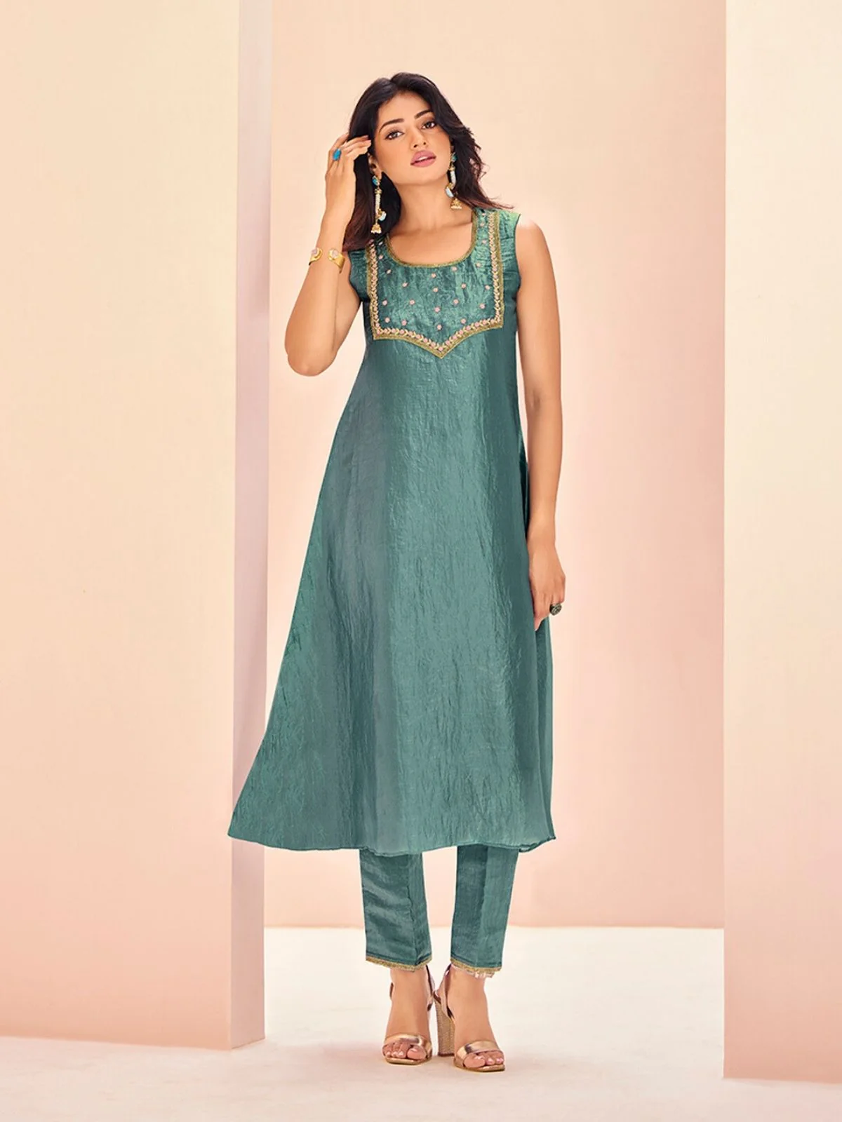 Odette Light Blue Organza Embroidered Stitched Kurta Set For Women - Image 2