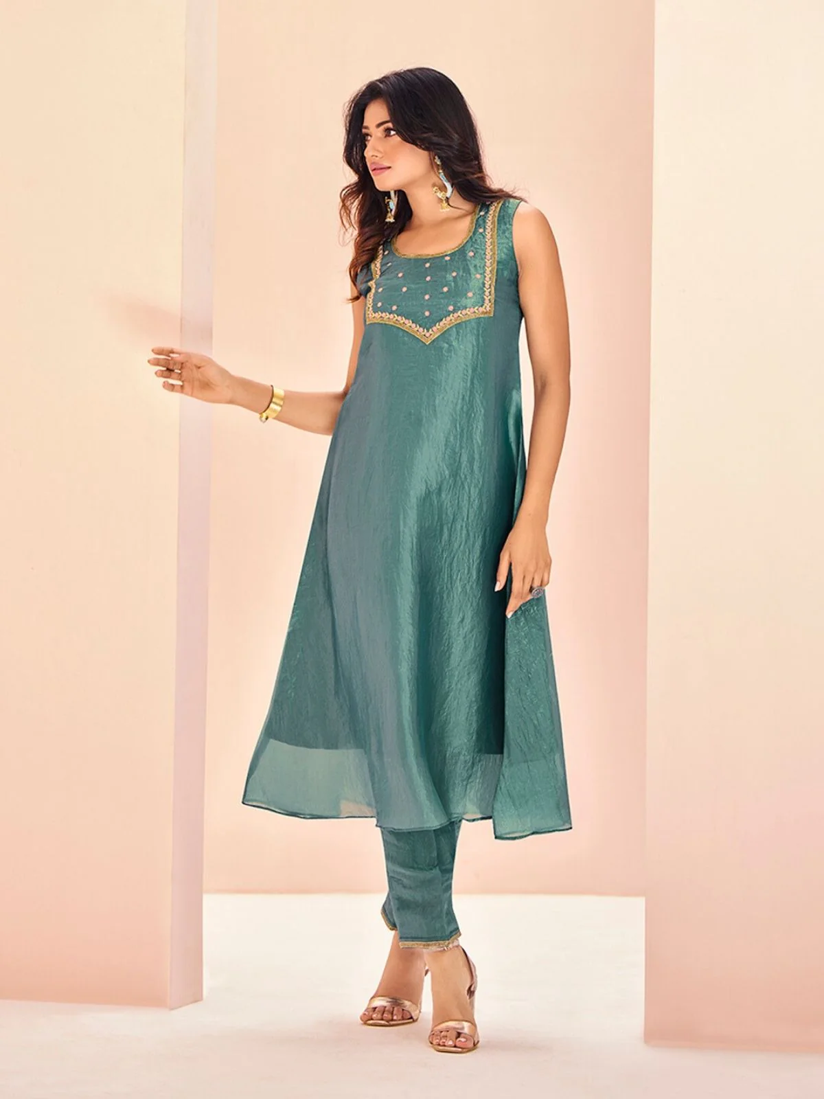 Odette Light Blue Organza Embroidered Stitched Kurta Set For Women - Image 3