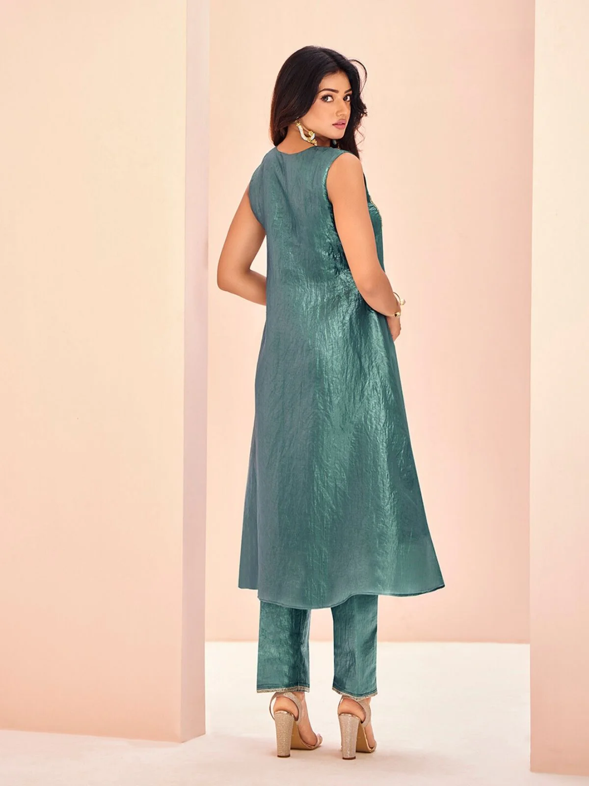 Odette Light Blue Organza Embroidered Stitched Kurta Set For Women - Image 4