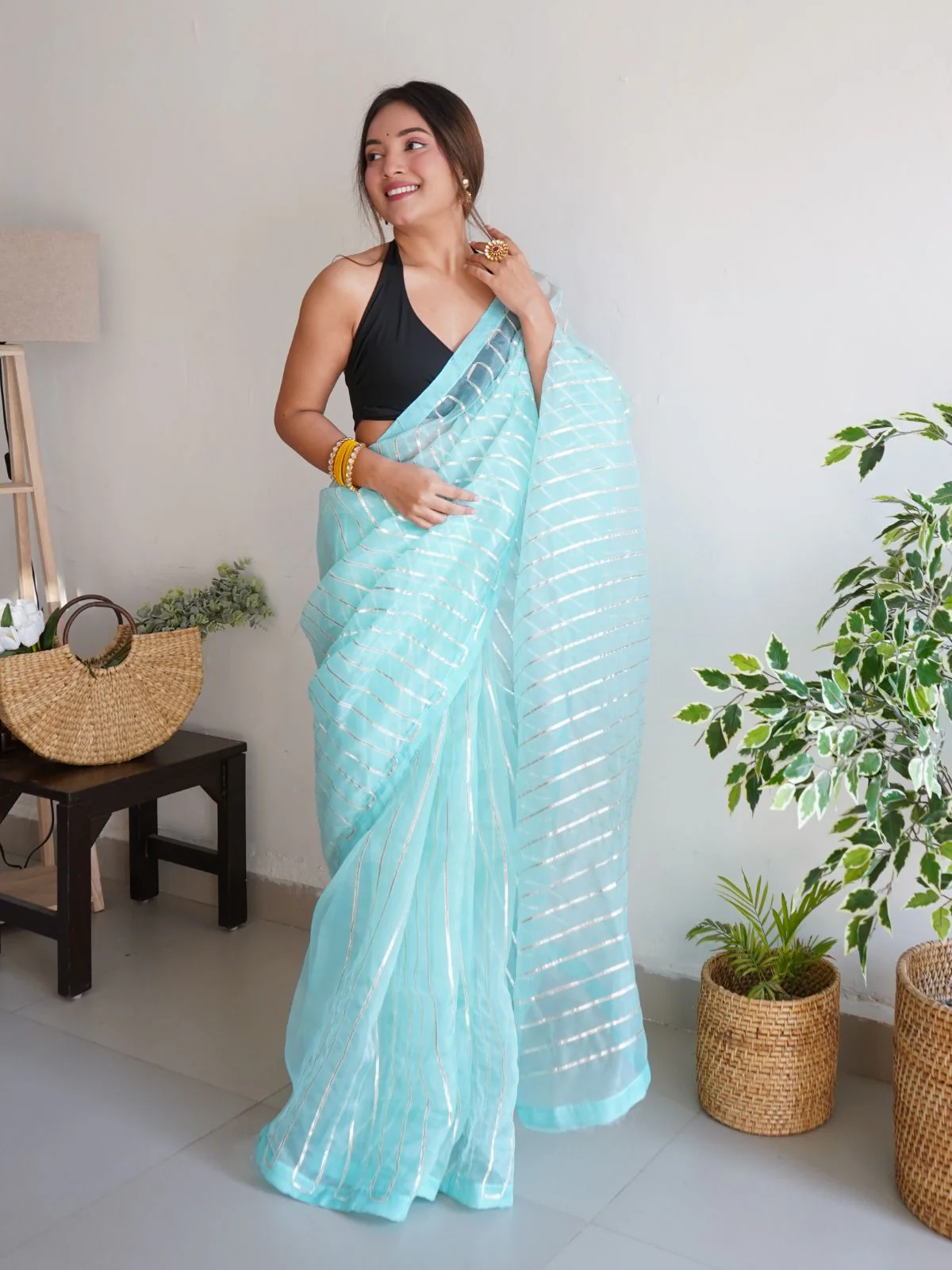 Odette Light Blue Organza Lace Work Saree With Unstitched Blouse For Women - Image 2