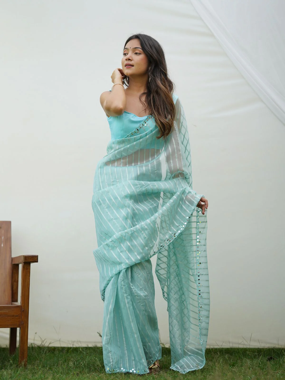 Odette Light Blue Organza Mirror Work Saree With Unstitched Blouse For Women - Image 3