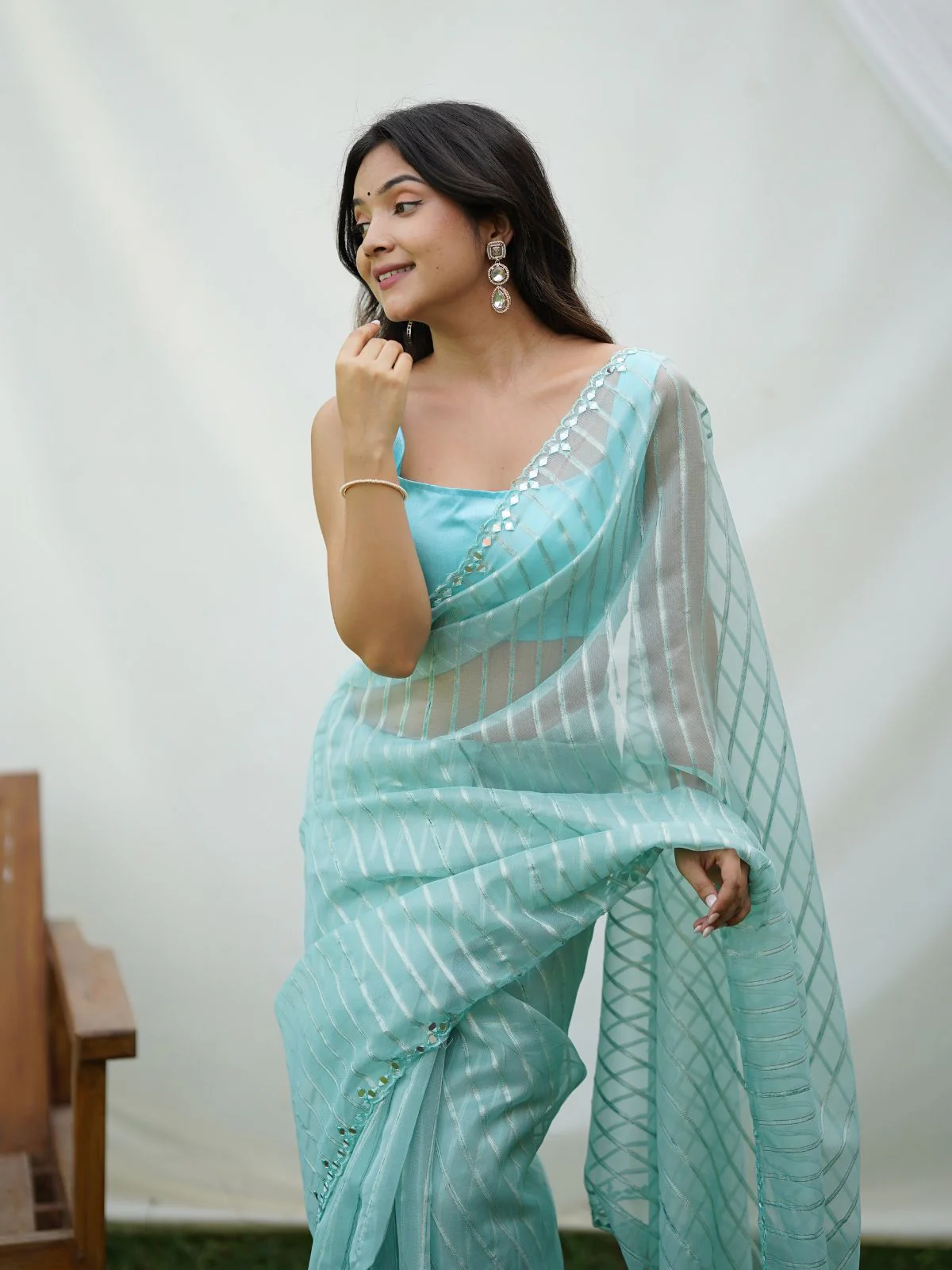 Odette Light Blue Organza Mirror Work Saree With Unstitched Blouse For Women - Image 6