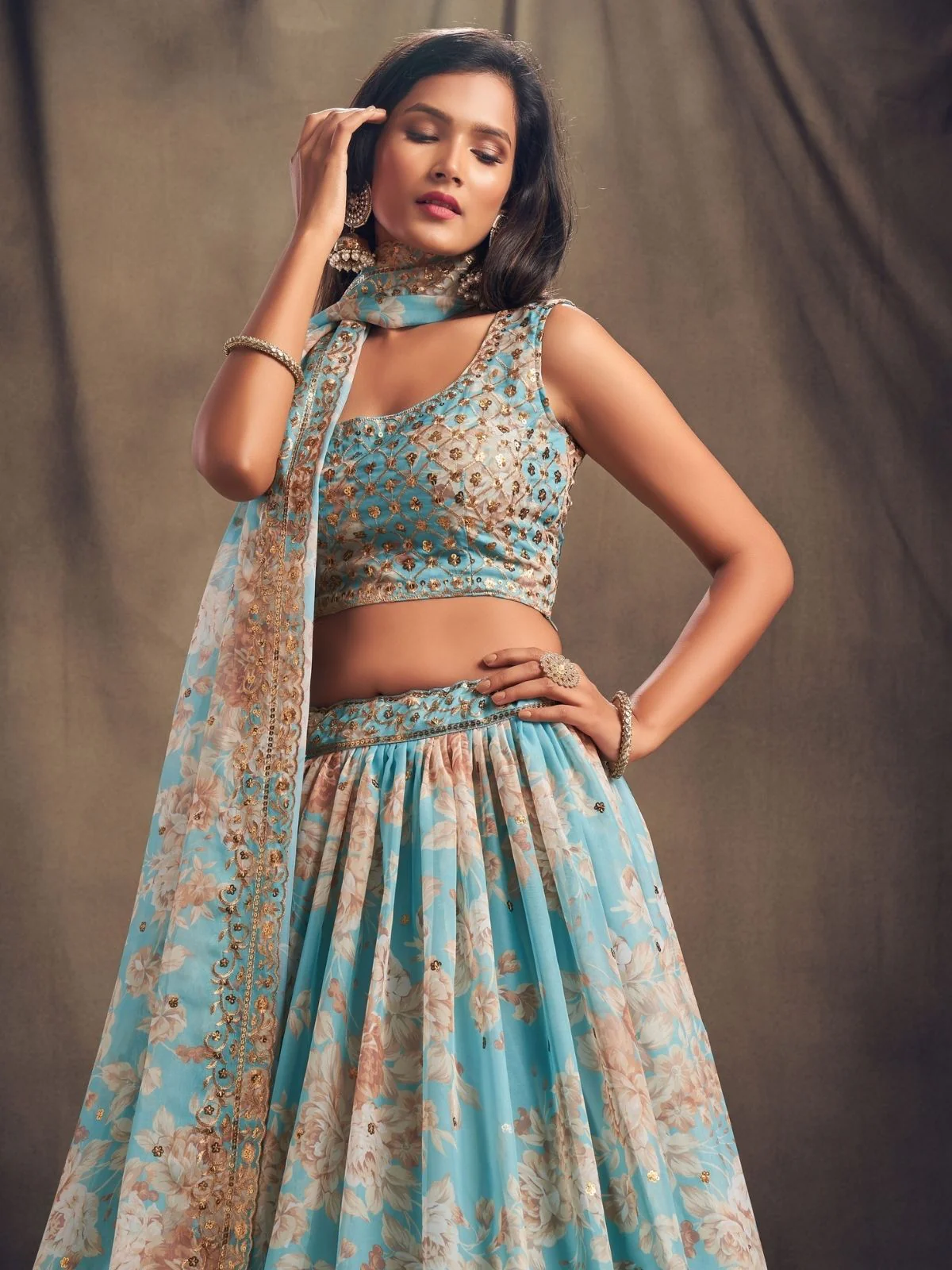 Odette Light Blue Organza Printed Semi Stitched Lehenga With Unstitched Blouse For Women - Image 3