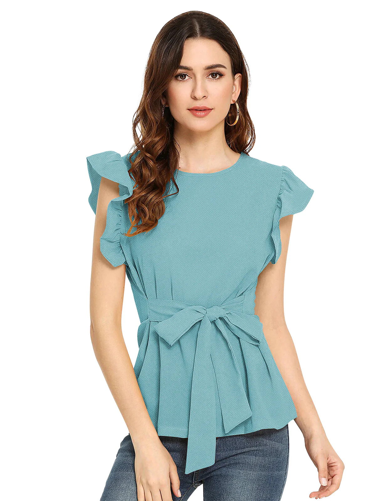 Odette Light Blue  Polyester Solid Top For Women - Image 4