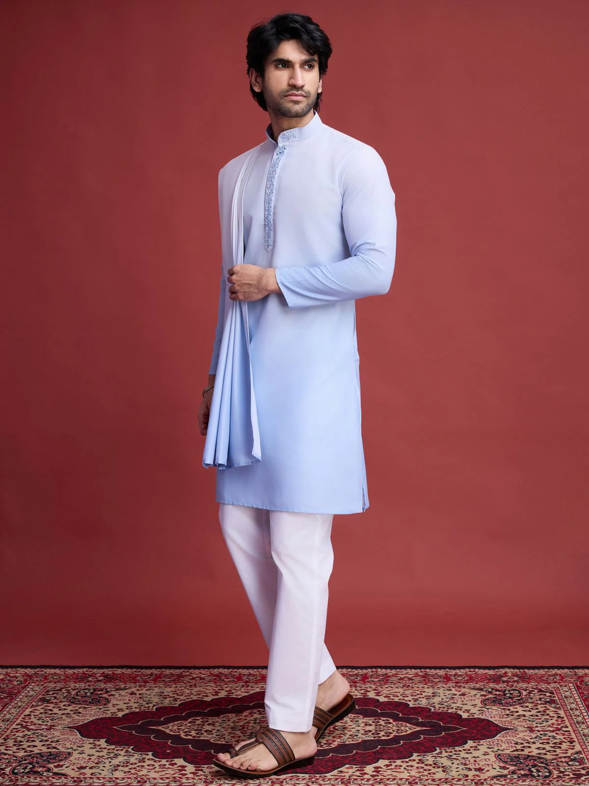 Odette Light Blue Rayon Mirror Work Stitched Kurta With Dupatta For Men - Image 2