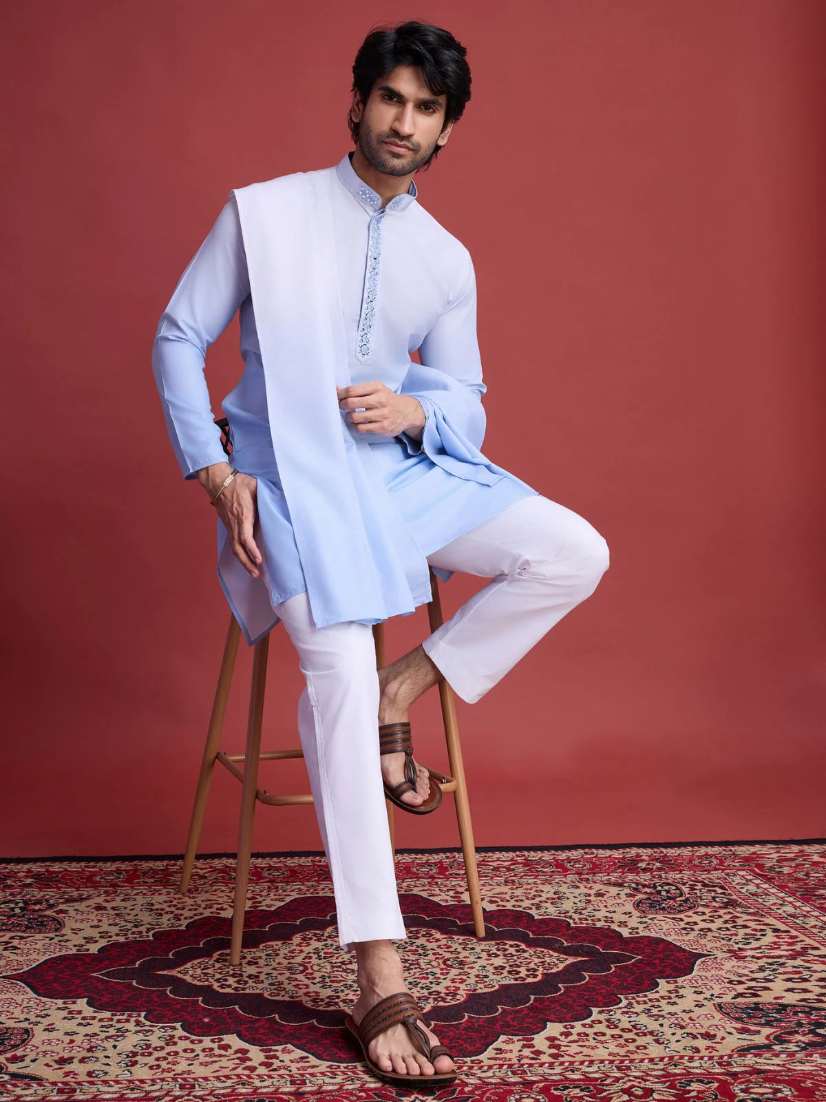 Odette Light Blue Rayon Mirror Work Stitched Kurta With Dupatta For Men - Image 4