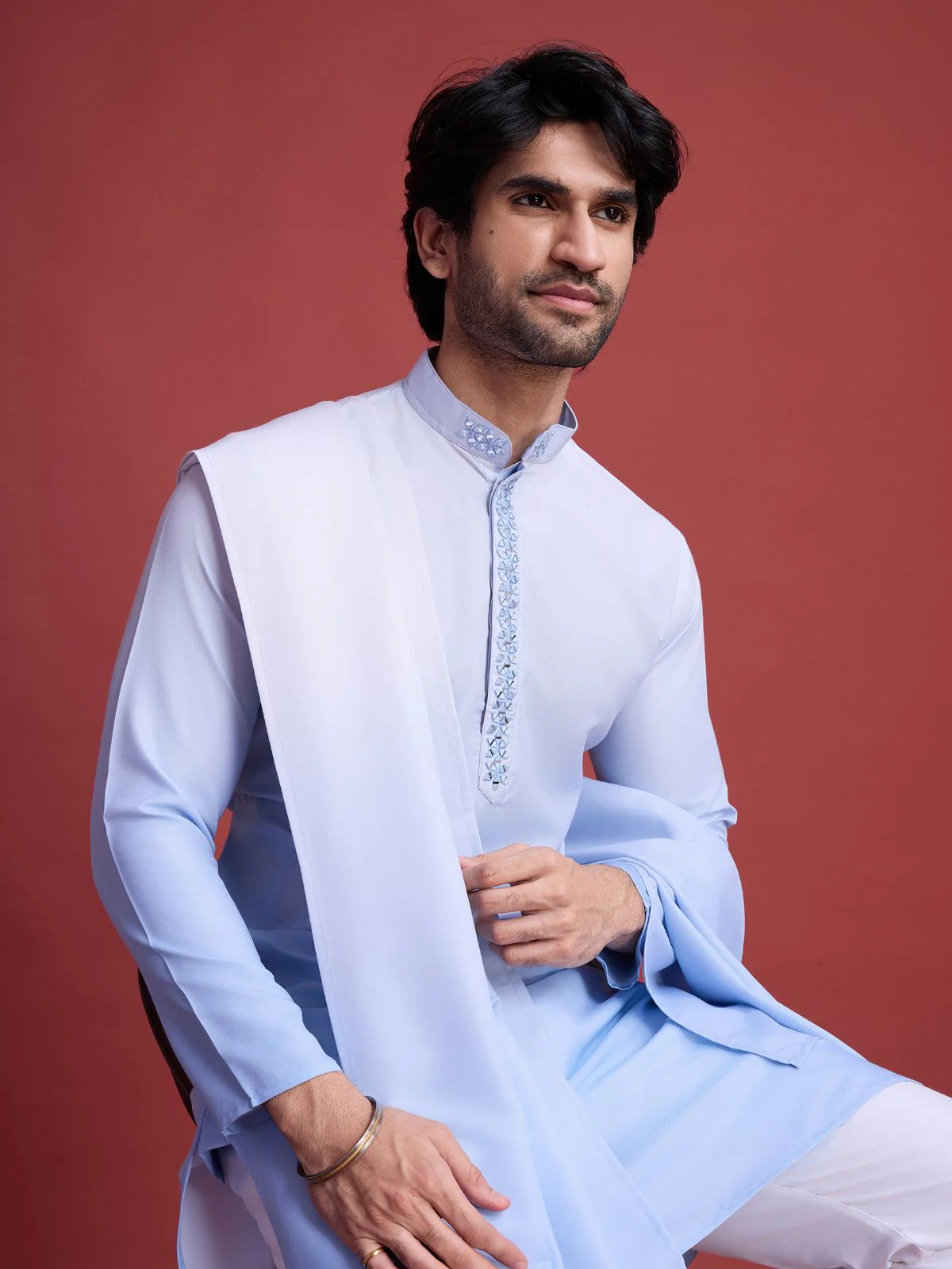 Odette Light Blue Rayon Mirror Work Stitched Kurta With Dupatta For Men - Image 6