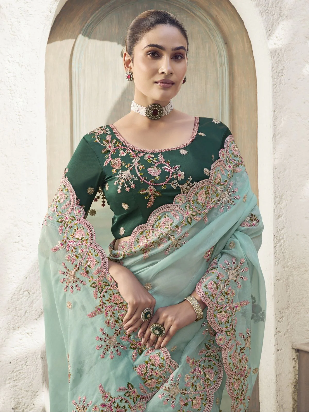 Odette Light Blue Silk Blend Embroidered Saree With Unstitched Blouse For Women - Image 2
