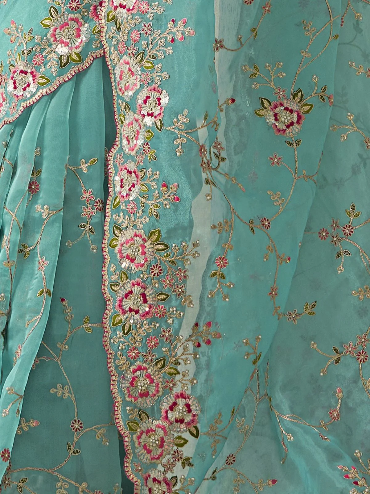 Odette Light Blue Georgette Embroidered Saree With Unstitched Blouse For Women - Image 4