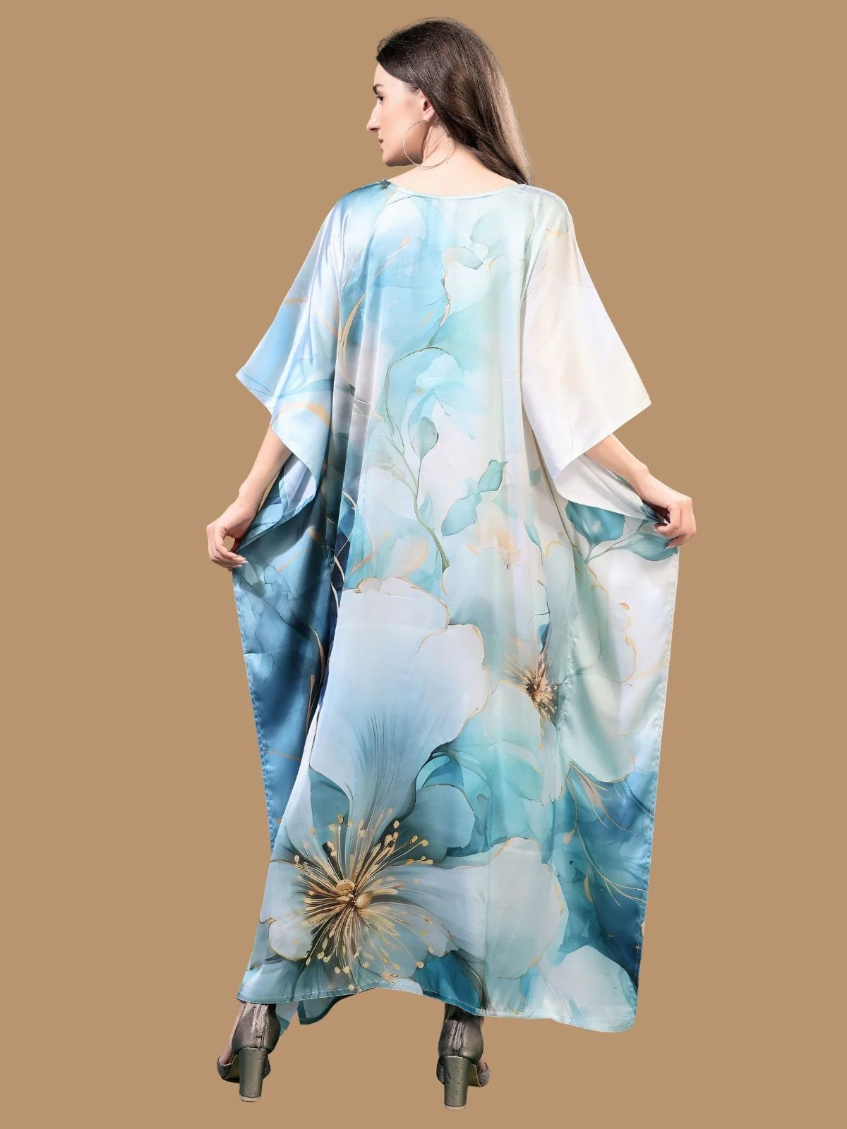 Odette Light Blue Satin Printed Kaftan For Women - Image 3
