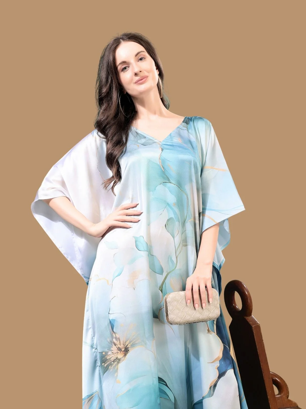 Odette Light Blue Satin Printed Kaftan For Women - Image 4