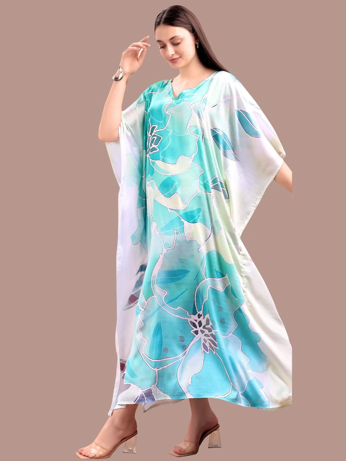 Odette Light Blue Satin Printed Kaftan For Women - Image 2