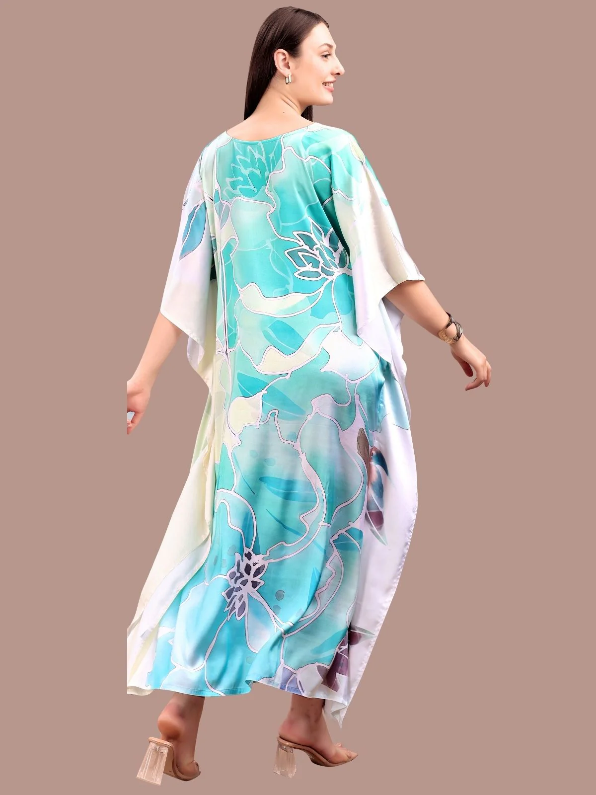 Odette Light Blue Satin Printed Kaftan For Women - Image 3