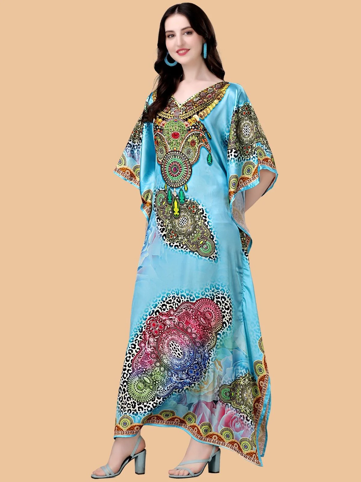 Odette Light Blue Satin Printed Kaftan For Women - Image 2