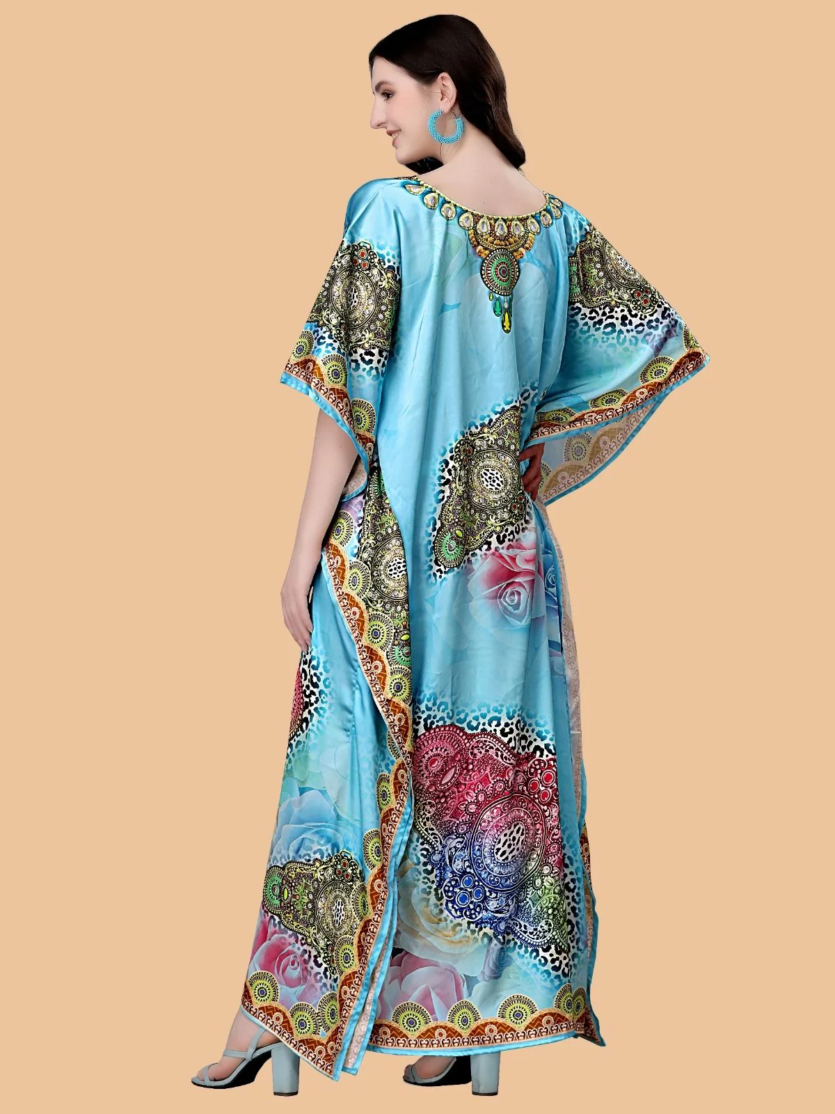 Odette Light Blue Satin Printed Kaftan For Women - Image 3