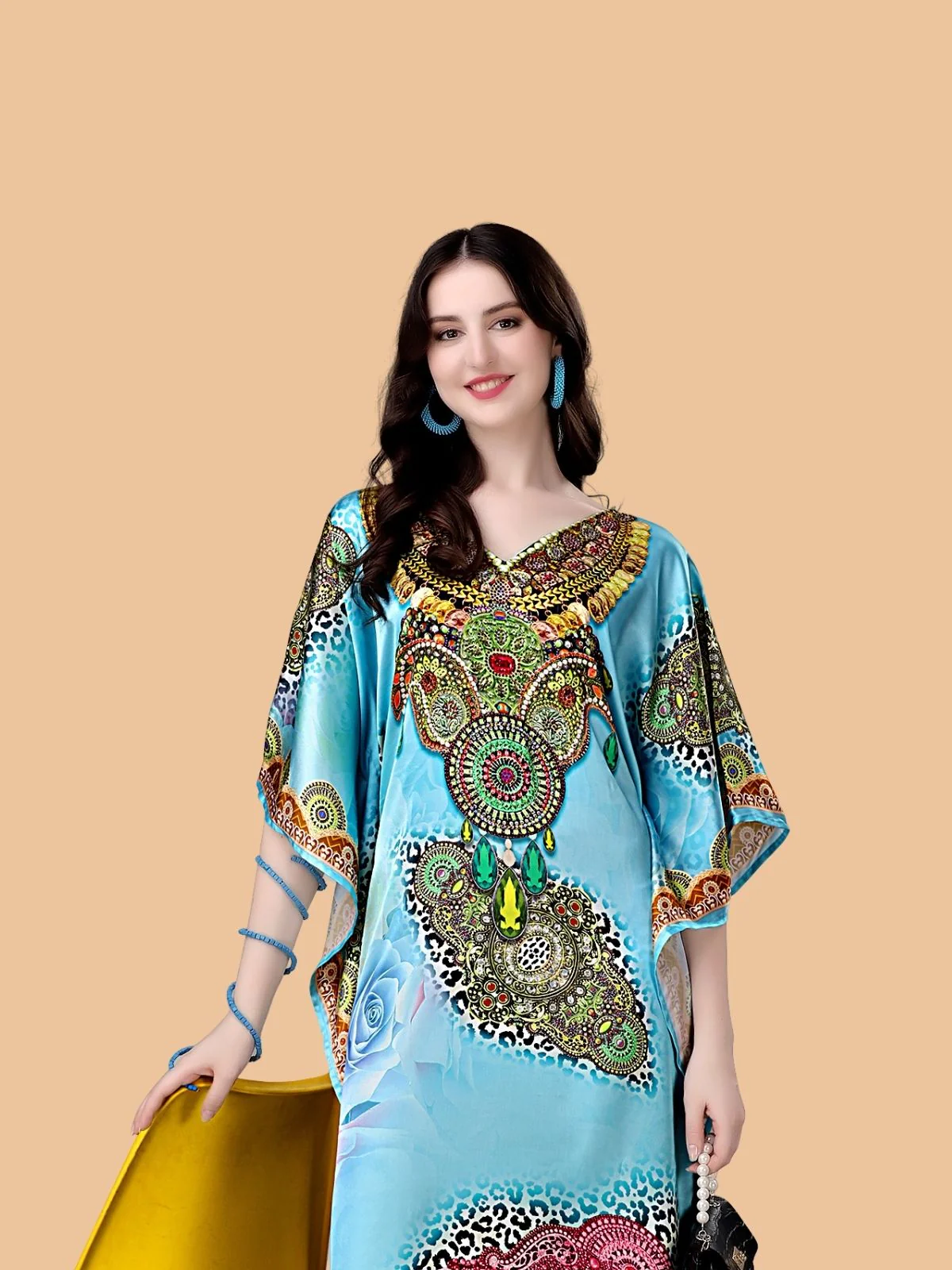 Odette Light Blue Satin Printed Kaftan For Women - Image 4