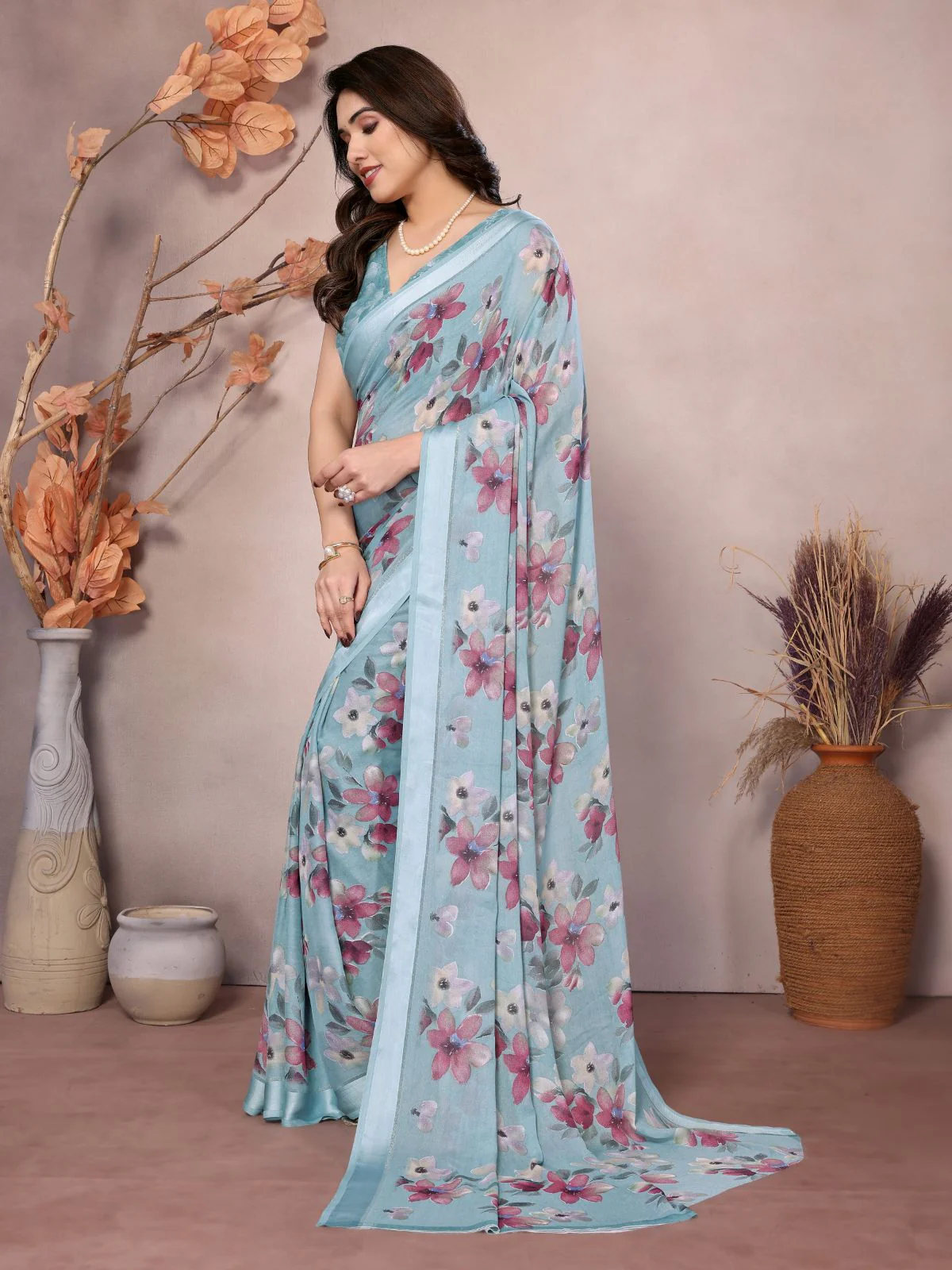 Odette Light Blue Satin Printed Saree With Unstitched Blouse For Women - Image 2